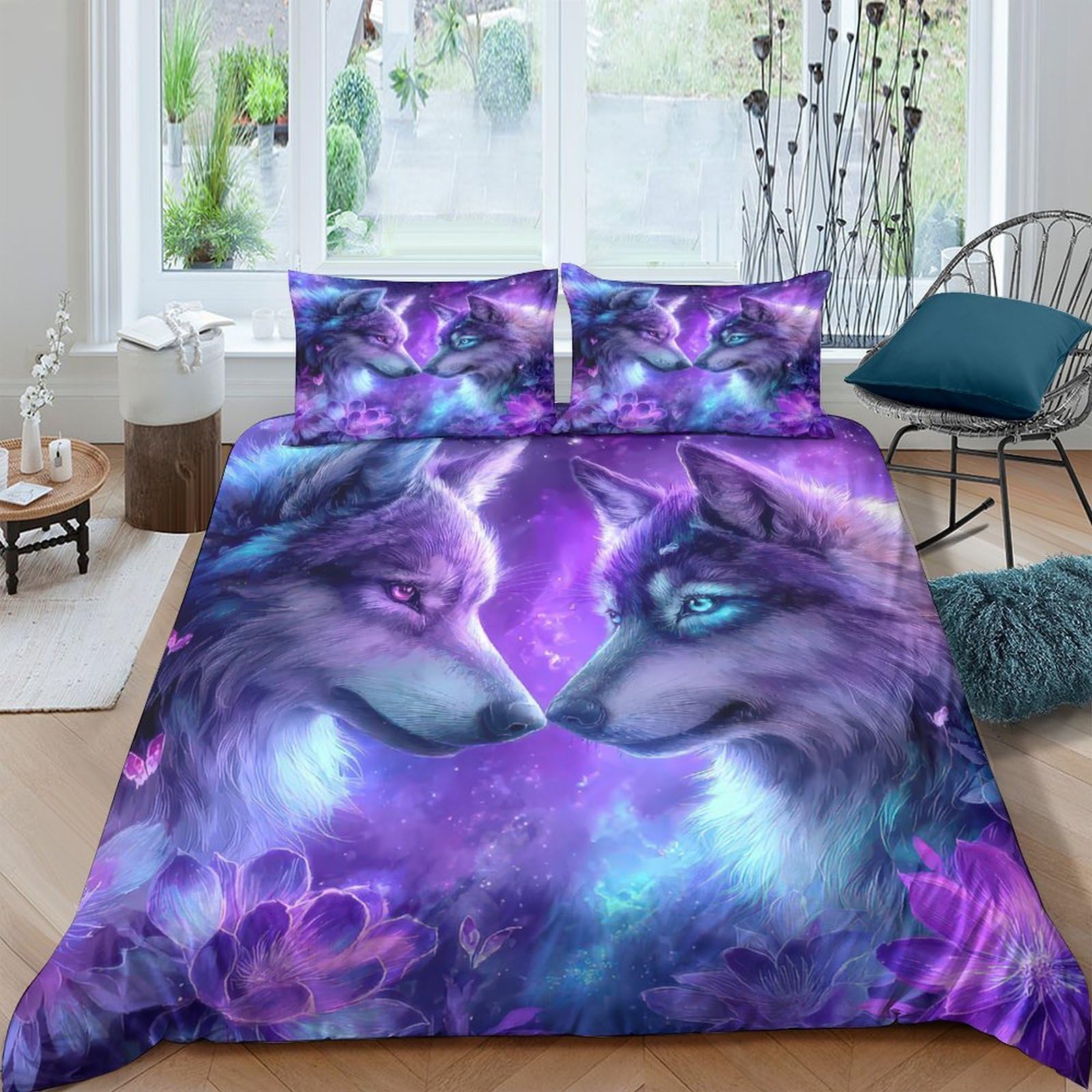 Ctjqhvkz Style-9 3D Printed Galaxy Wolf Fitted Sheet Microfiber Soft Purple Blue Nebula Mattress Cover For Bedroom Dorm Mattress Protection Decor Single（135X200cm）