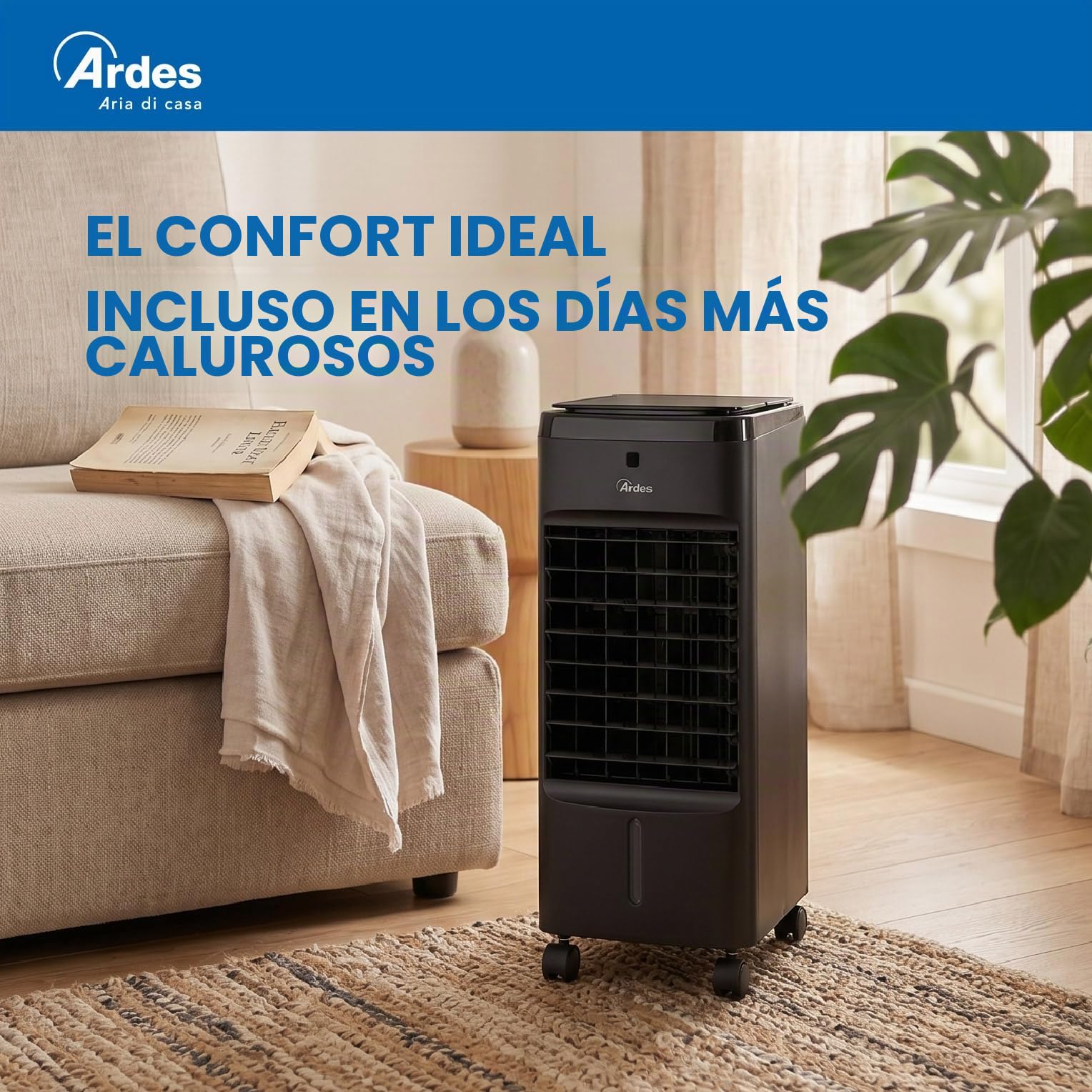 Ardes Penny Q-BLACK Climatizador Evaporativo 60W con Oscilación Automática, 3 Velocidades, Temporizador 7,5 h, mando, Panel Digital LED, Controles Táctiles, Depósito 4 L y Ruedas