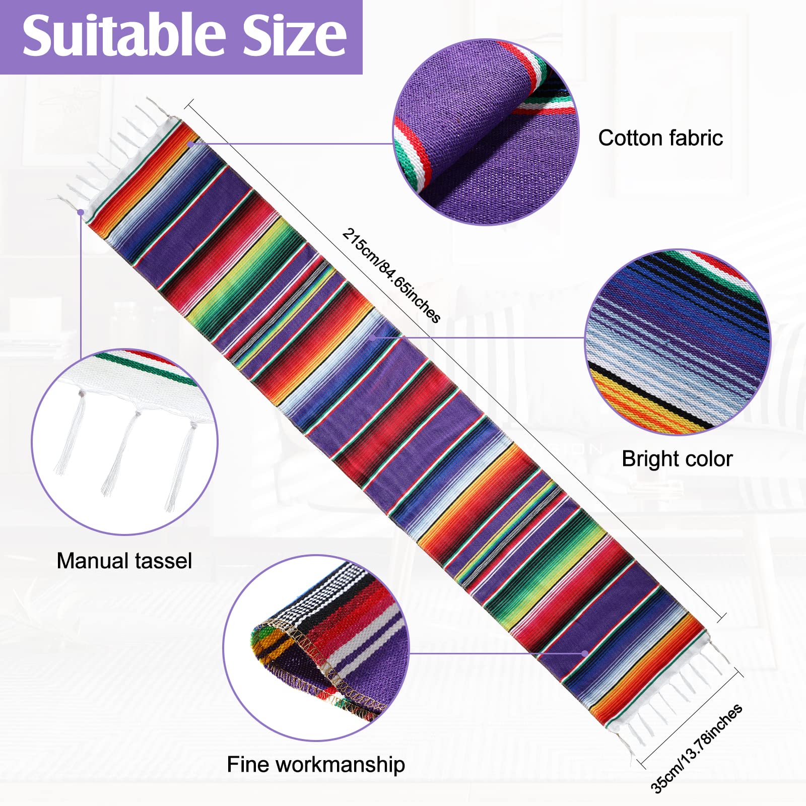 1pc Mexican Serape Table Runner Mexican Party Table Blanket Serape Colorful Striped Runner Fringe Cotton Table Runner Decoration for Cinco De Mayo Fiesta Party Wedding 14 x 84 Inch (Classic Style)