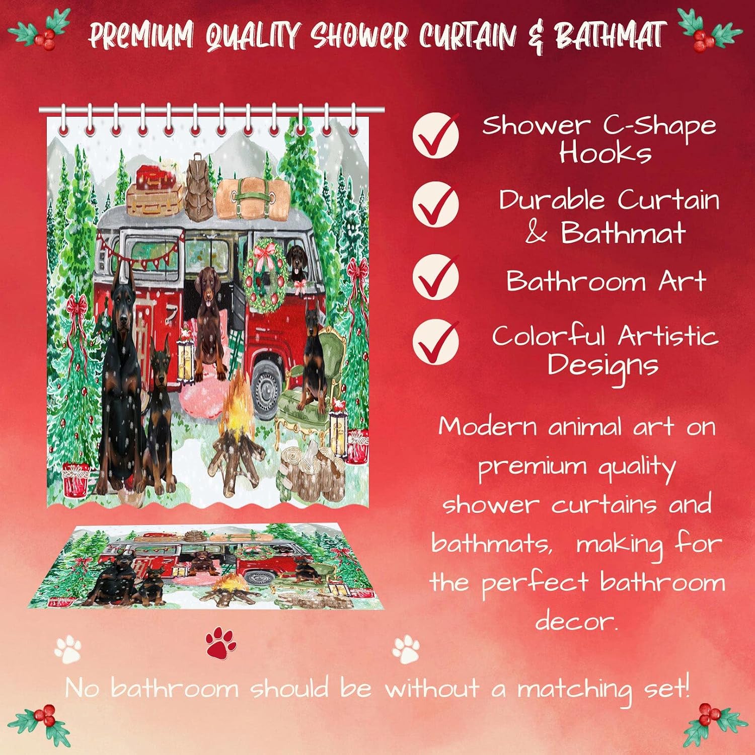 Christmas Time Camping with Wirehaired Pointing Griffon Dog Shower Curtain & Bath Mat Combo - Bathroom Decor Plush Rug Mat Polyester Bathtub Curtain Screens, BM 20''x 32'', SC 72"x72"