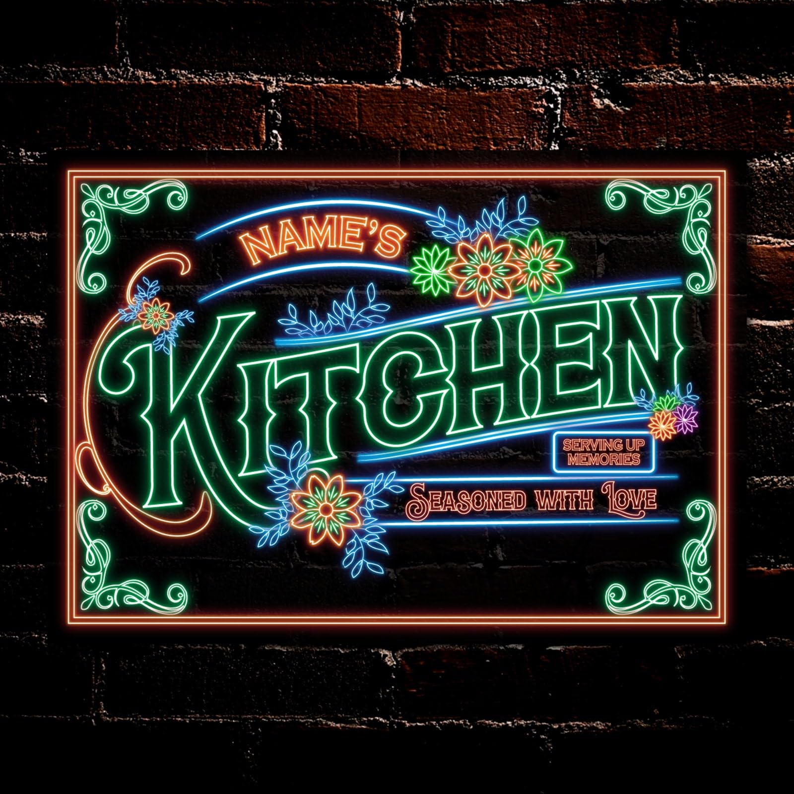 My Pixel Print Metal Personalised Kitchen Plaque Classic Family Name Neon Effect Signs Decor