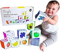 Quiggly Rainbow Soft Baby Blocks: 8 Montessori Sensory Stacking Toys for Babies 3-12 Months - 100% Cotton, Rattle, Crinkle, Textures