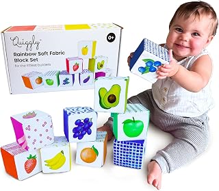 Quiggly Rainbow Soft Baby Blocks: 8 Montessori Sensory Stacking Toys for Babies 3-12 Months - 100% Cotton, Rattle, Crinkle, Textures