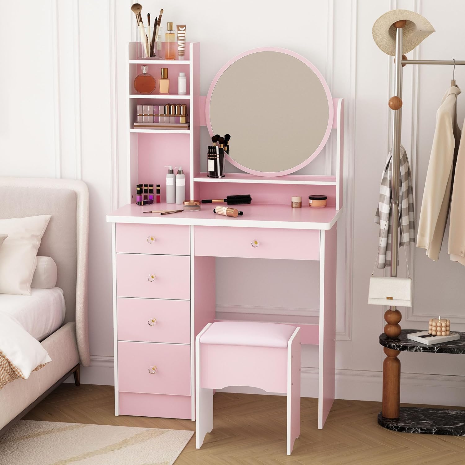 Timechee Make up Vanity Desk with Mirror, Vanity Set with Chair, 5 Storage Drawers, Shelves and Cushion Stool, Makeup Table, Pink