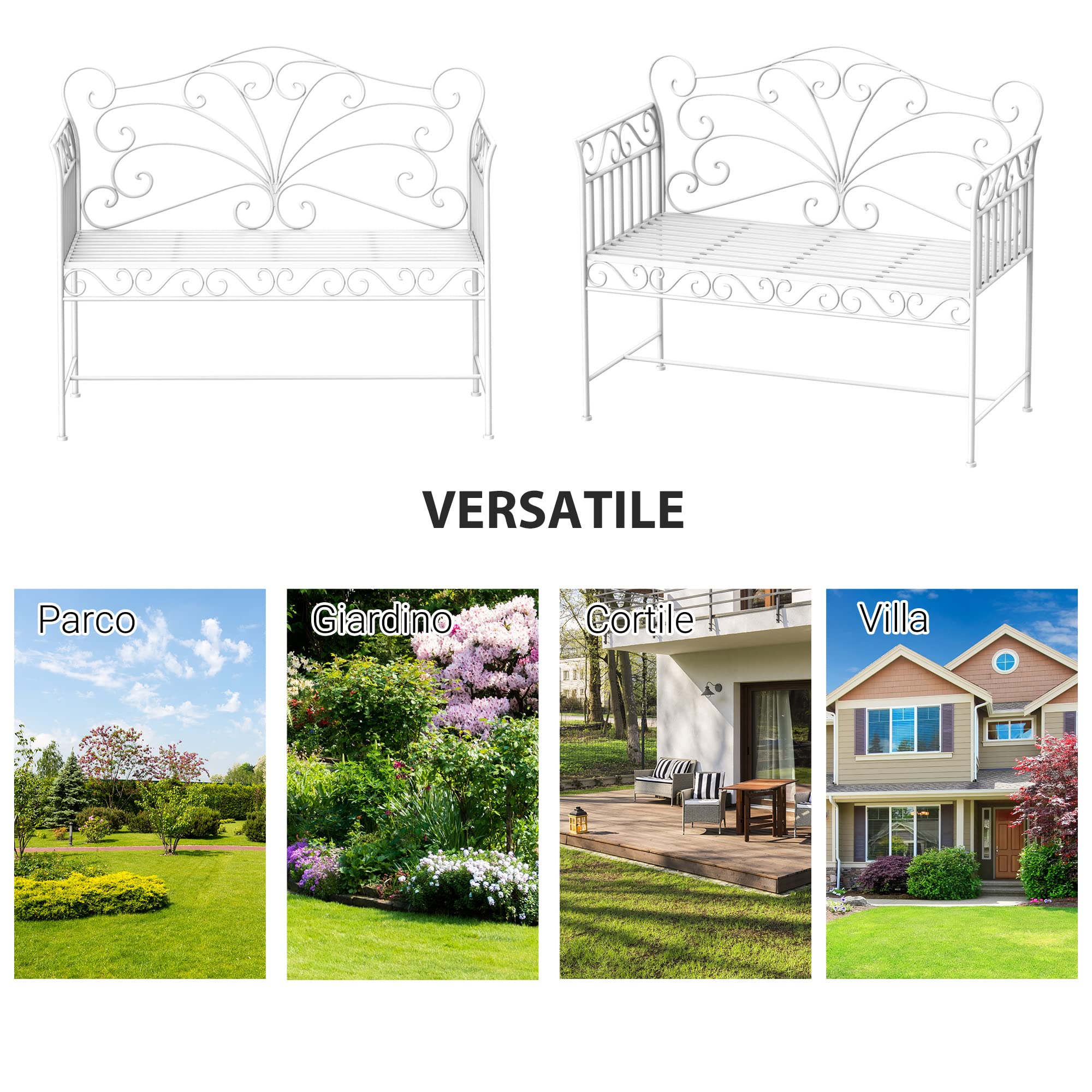 Outsunny Panchina da Esterno a 2 Posti, Panchina Biposto da Giardino Stile Romantico Ferro 111 x 50 x 98cm Bianco