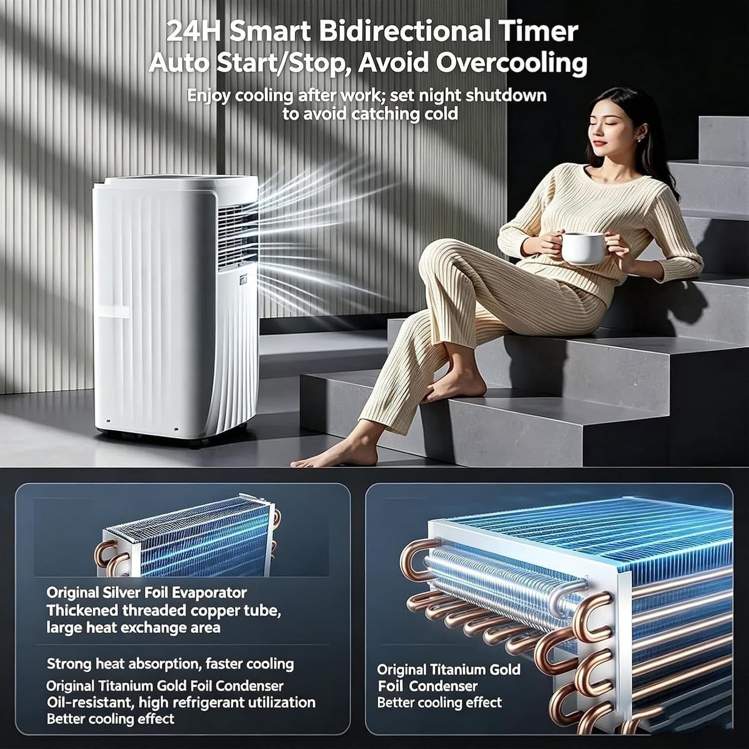 Aire Acondicionado Portátil 12000 BTU 18000 BTU Sin Unidad Exterior, Ventilador Enfriador de Ruido Reducido con Ruedas y Mando a Distancia para Oficina Hogar, 12000btu