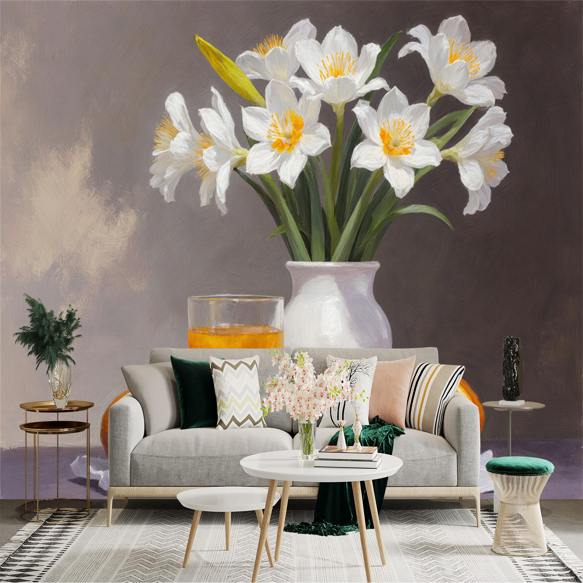 Custom Size Wall Sticker Mural， White Flowers in Vase， Fresh Orange Juice， Still Life Painting， Fruit and Floral Decor， for wall Decoration， peelandstick wall Decals.