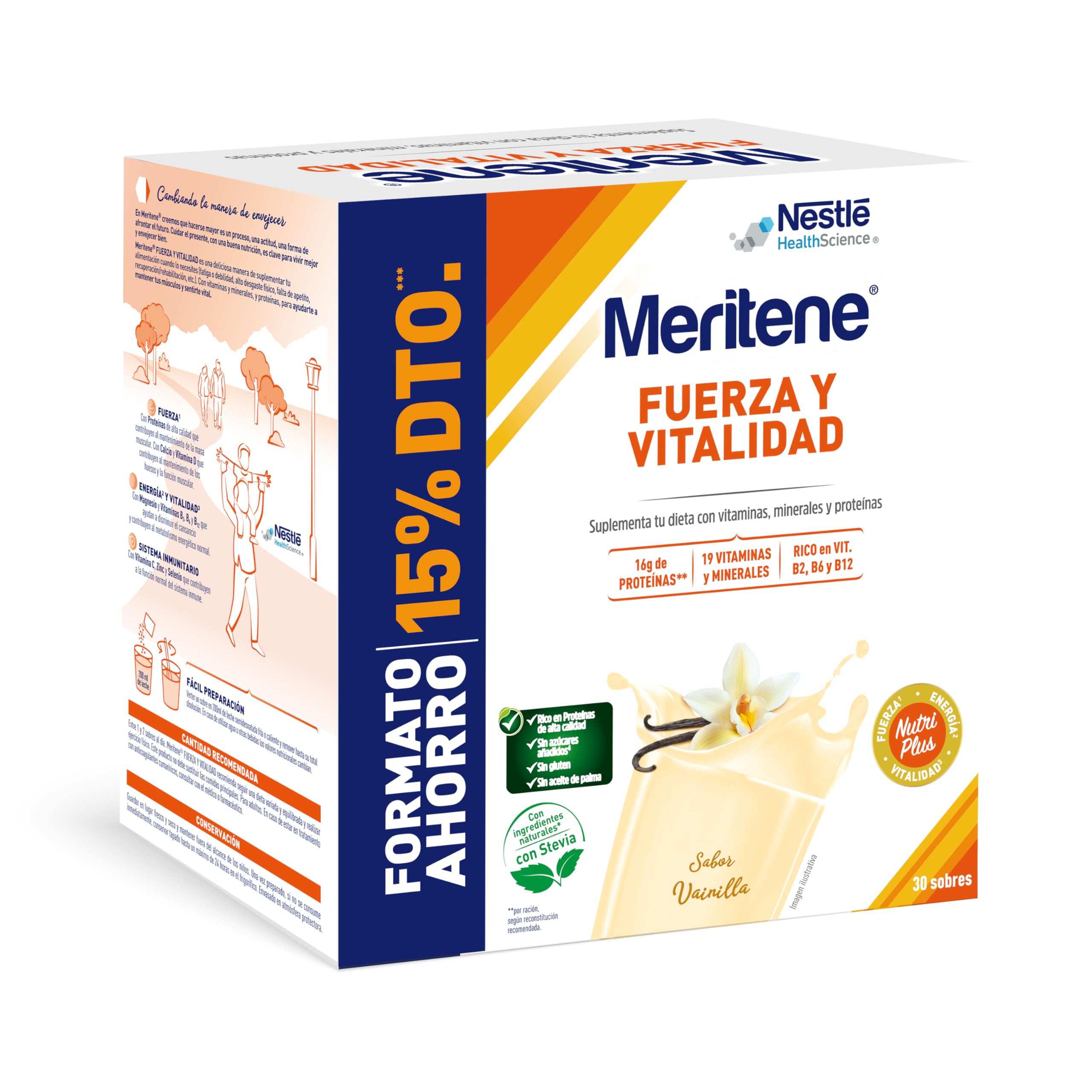 Meritene, Fuerza y Vitalidad para tus Músculos, Batidos Sabor Vainilla, Solución Nutricional para Adultos con Proteínas, Vitaminas y Minerales, 30 Sobres, 900 g