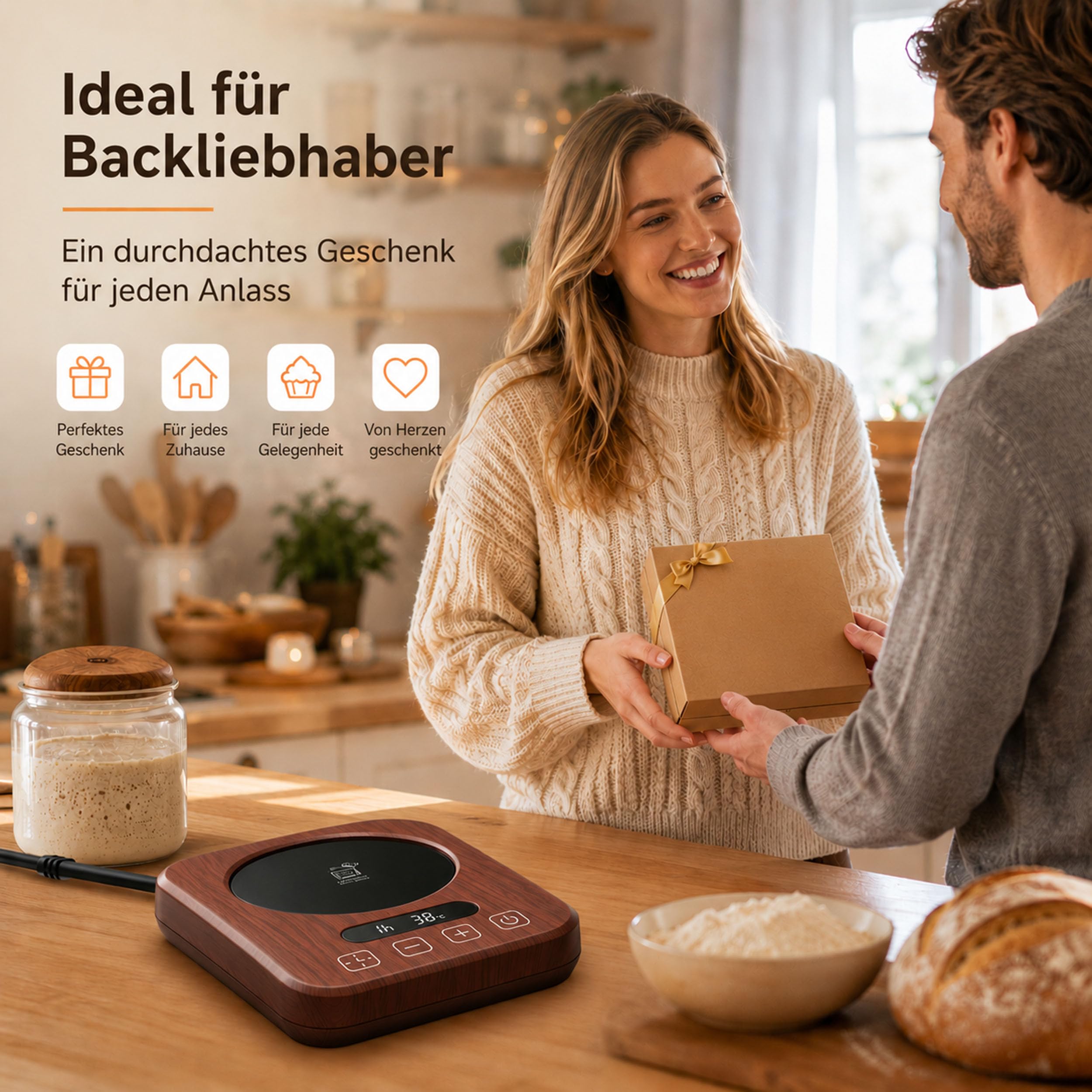 Sauerteig Starter Wärmer mit Thermostat | 21-38°C Präzise Wärmeplatte für Sauerteig-Anstellgut, Teig & Joghurt | 12H Timer, Speicherfunktion & EU-Stecker, 18W (Holzoptik)