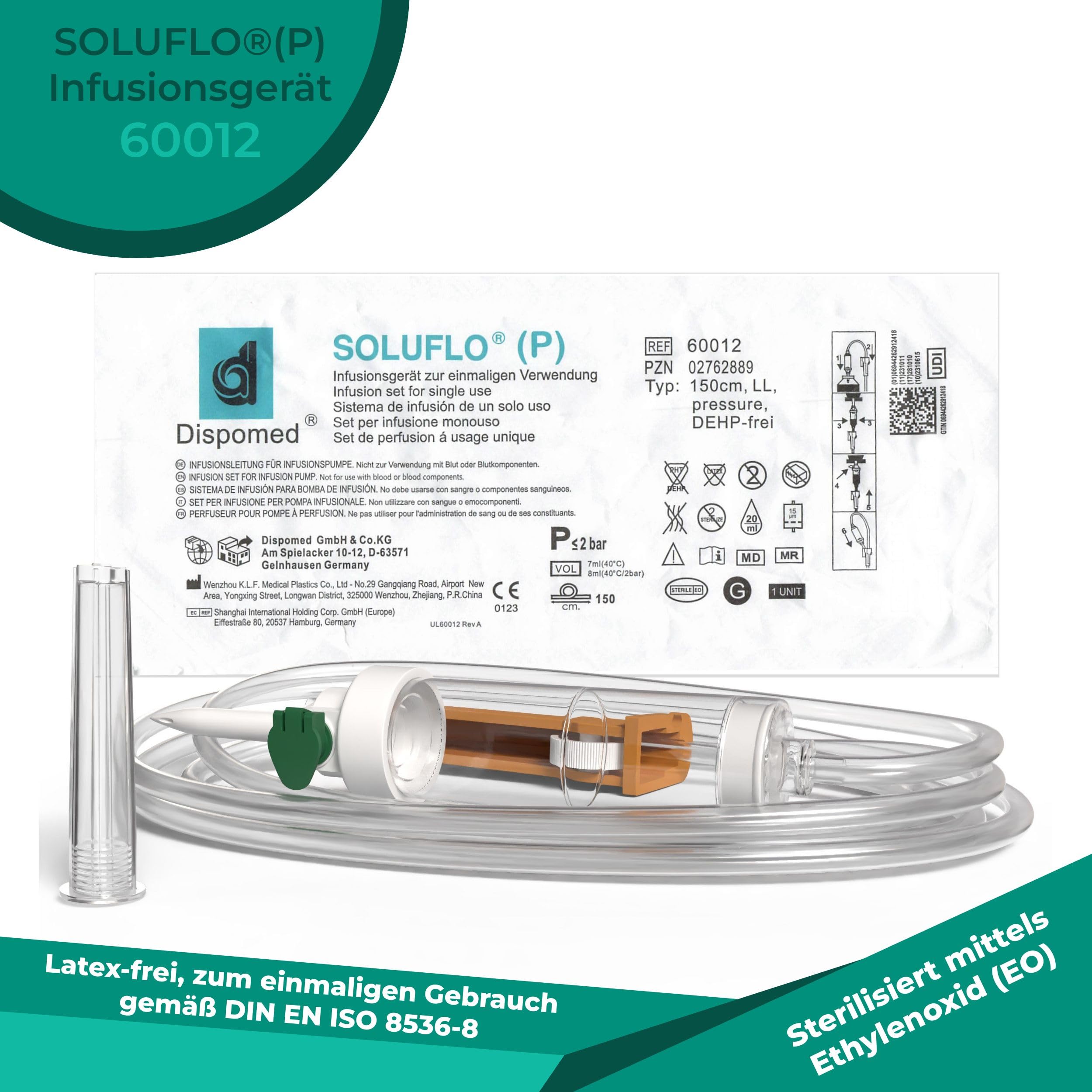 SOLUFLO LL P Infusionsbesteck/Infusionsgerät/Infusionsset für Druckinfusion mit Durchflussregler, latexfrei & DEHP-frei, Flüssigkeitsfilter 15 μm, Schlauchlänge 150cm (100)