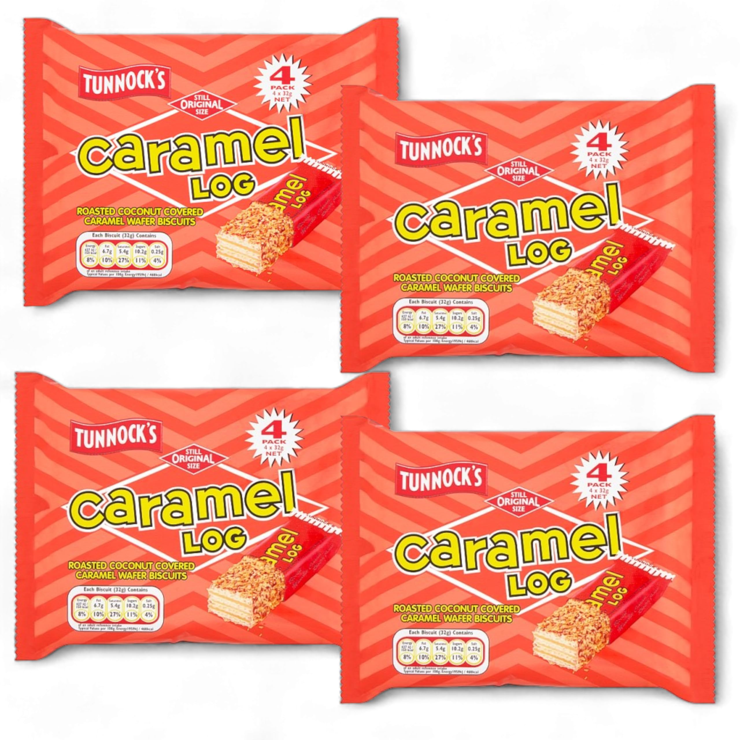 4 Pack (4 x 32g) Tunnocks Caramel Log Wafer Biscuits (16 Caramel Log Individually Wrapped)
