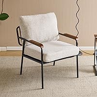 Karlhome Modern Beige Accent Chair - Metal Frame Armchair with Linen Fabric & Wooden Arms, Mid-Century Reading Chair for Living Room Bedroom