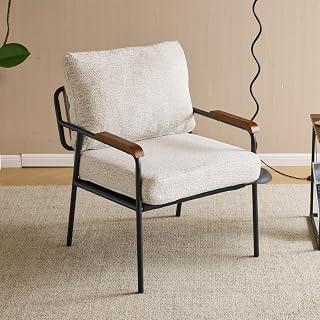 Karlhome Modern Beige Accent Chair - Metal Frame Armchair with Linen Fabric & Wooden Arms, Mid-Century Reading Chair for Living Room Bedroom