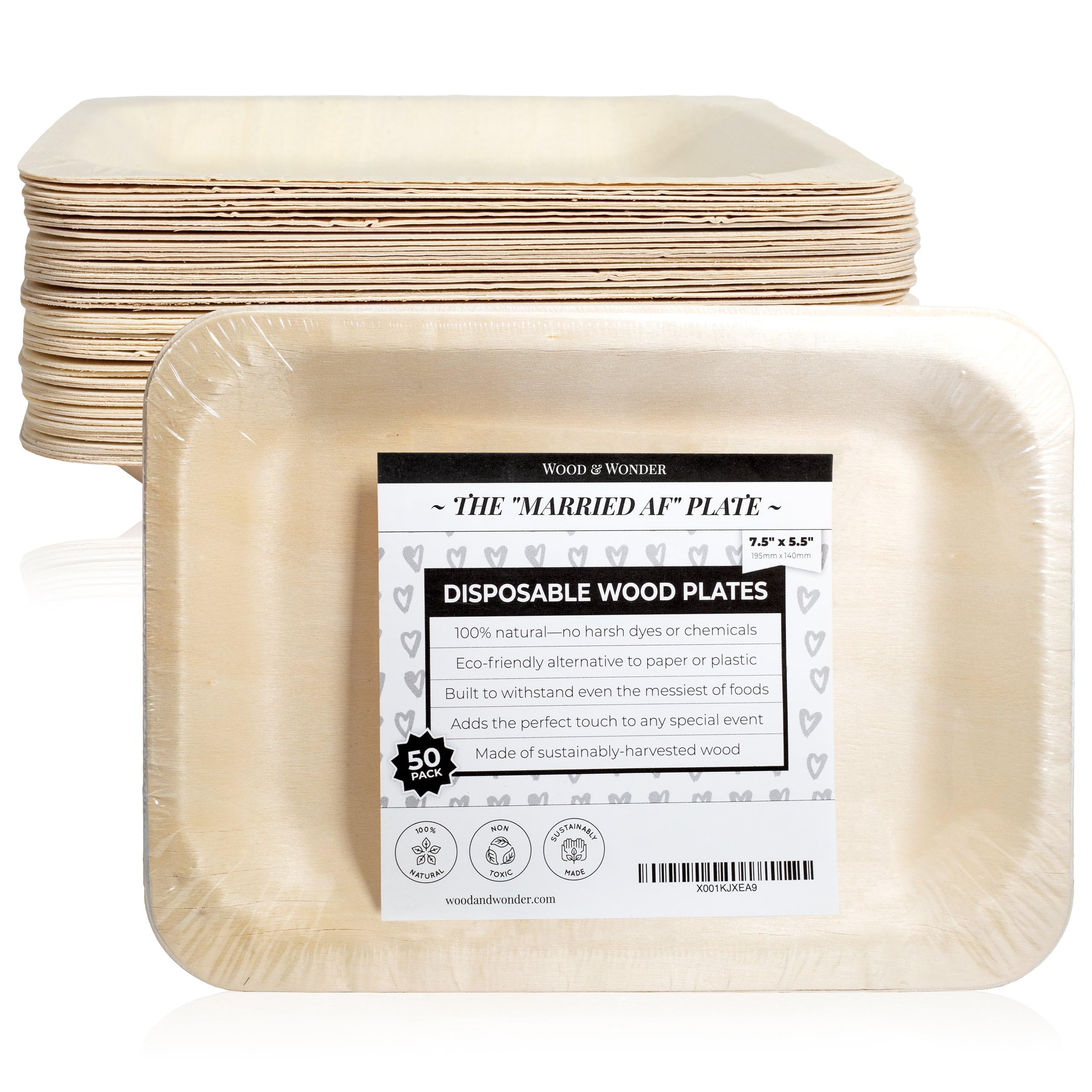 Married AF - Platos desechables de boda, alternativa rústica y compostable a los platos de plástico para recepciones de boda, fiestas de compromiso y cenas de ensayo (ensalada/postre, paquete de 50)
