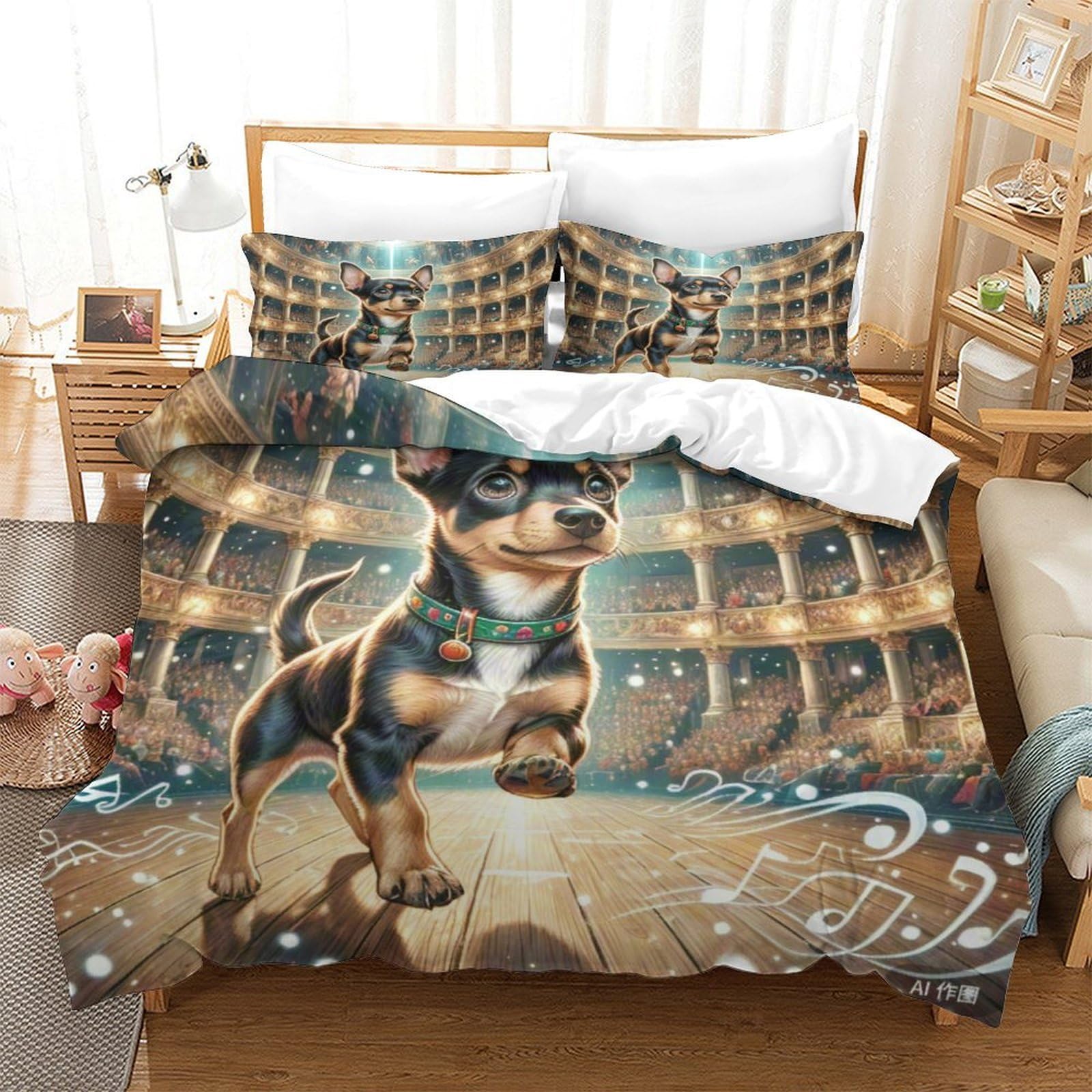 Parure de lit Pinscher miniature 3D pour chambre d'enfant et ado avec housse microfibre 260x220