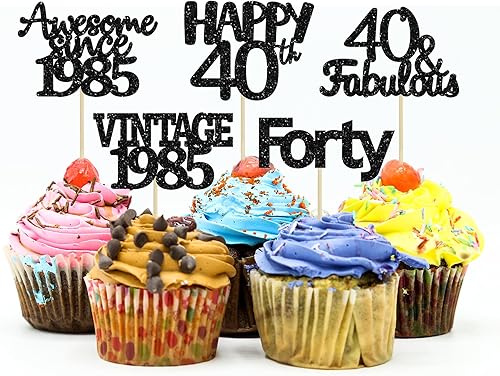 Gyufise 30 decoraciones para cupcakes vintage con purpurina negra de 1985, impresionantes desde 1985, decoraciones para tartas, saludos a 40