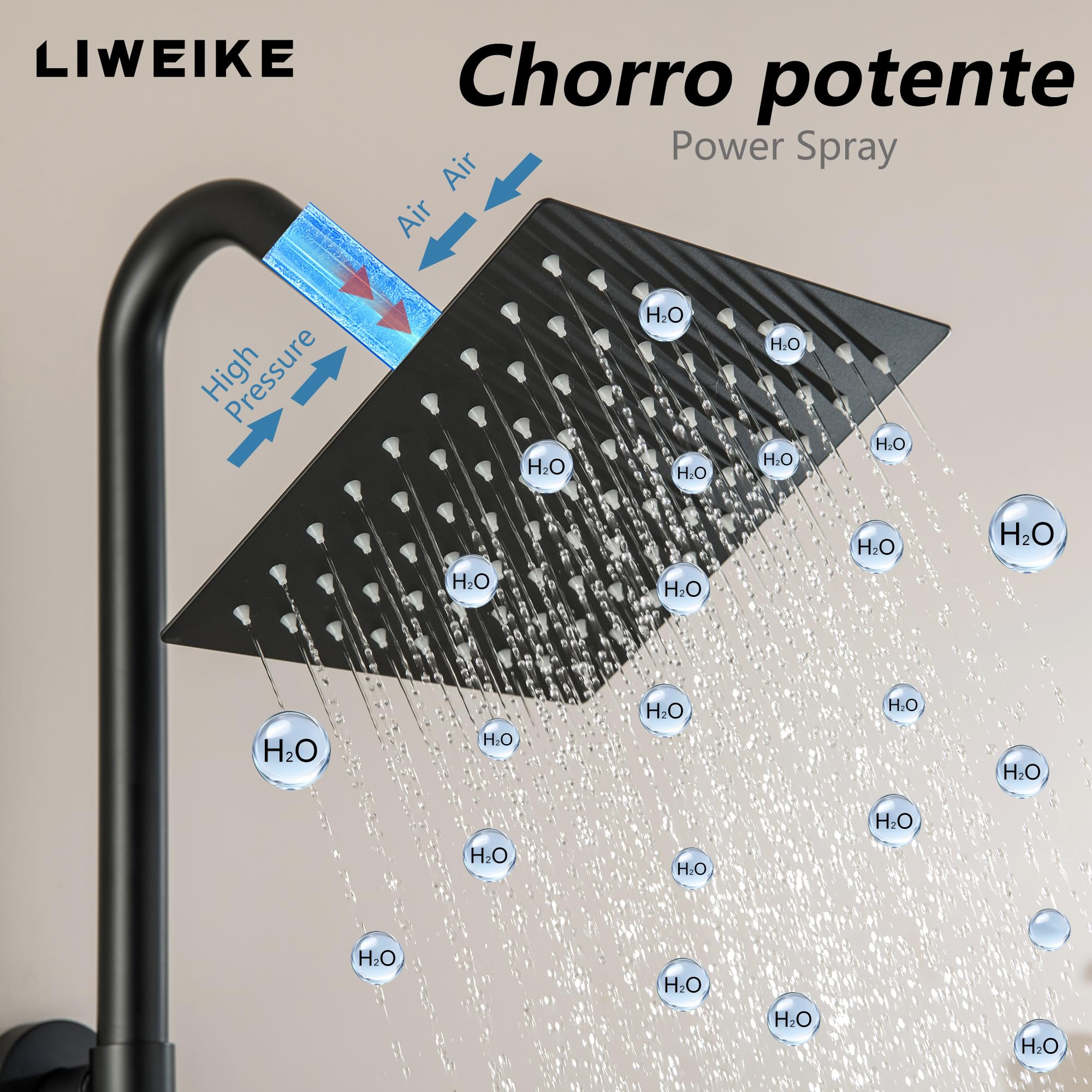 LIWEIKE Columna Ducha Negra, Columna Ducha sin Grifo Con Rociador de Lluvia de acero Inoxidable de 8 Pulgadas, Columna Ducha con 3 Modos de Pulverización, Negro Mate