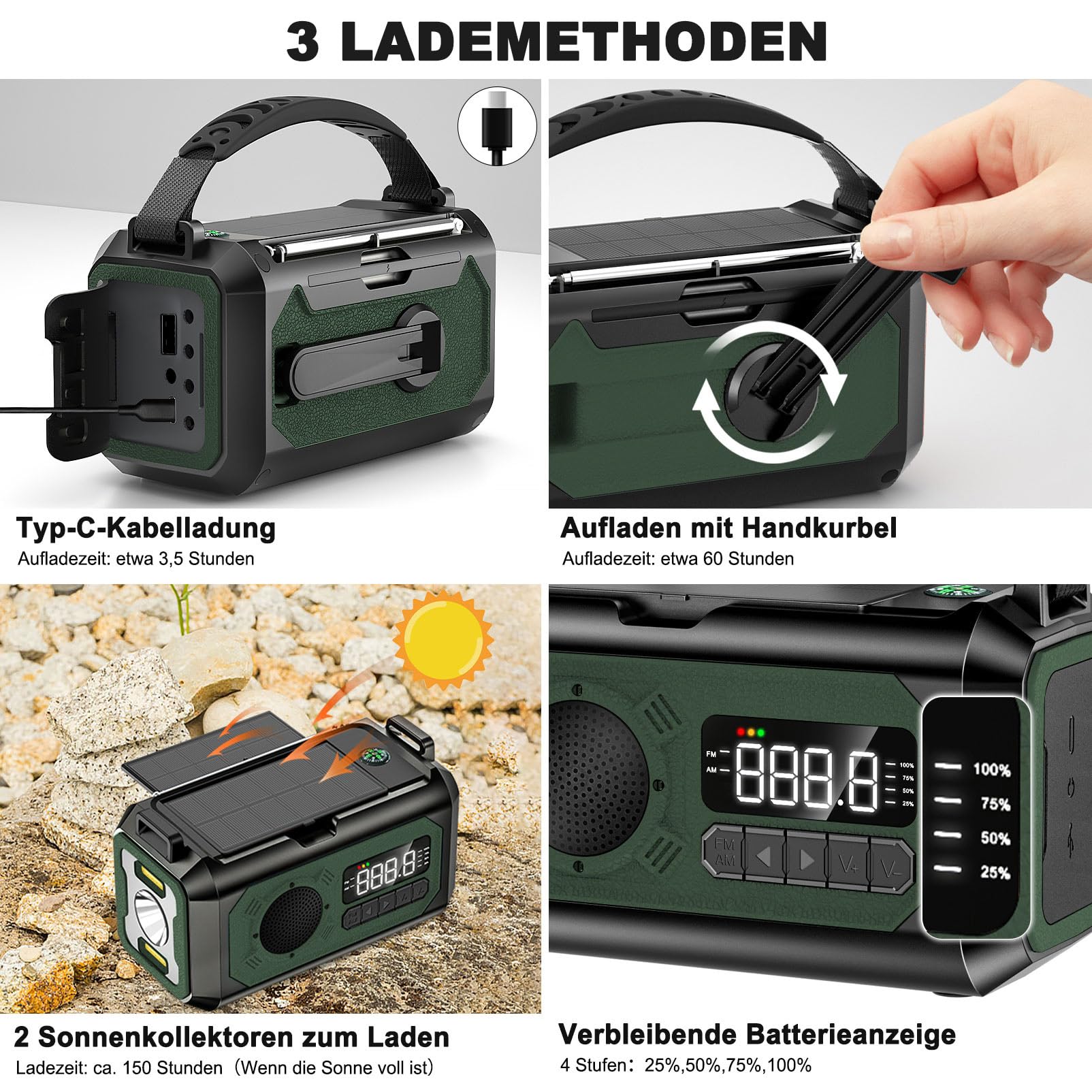 12000mAh Kurbelradio mit Handyladefunktion Solar,2 Sonnenkollektoren,AM/FM Radio Kurbel Notfall,3 Lademethoden 7 in 1 Tragbares Notfallradio,SOS,Taschenlampe,Kopfhöreranschluss,Kompass,Leselampe