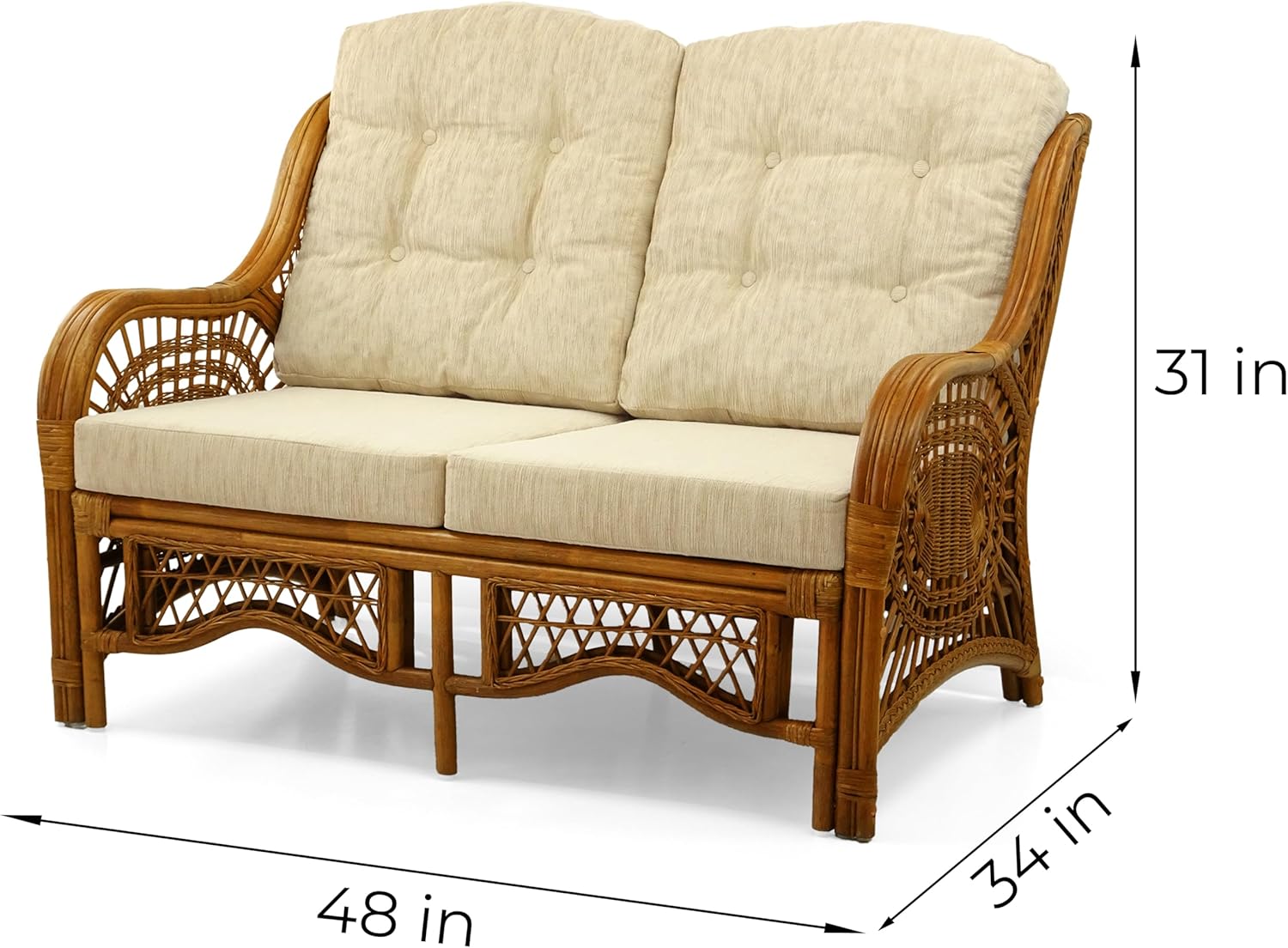 Malibu Lounge Set of 2 Natural ECO Rattan Wicker Chairs, Loveseat with Cream Cushion and Coffee Table w/Glass Handmade, Cognac