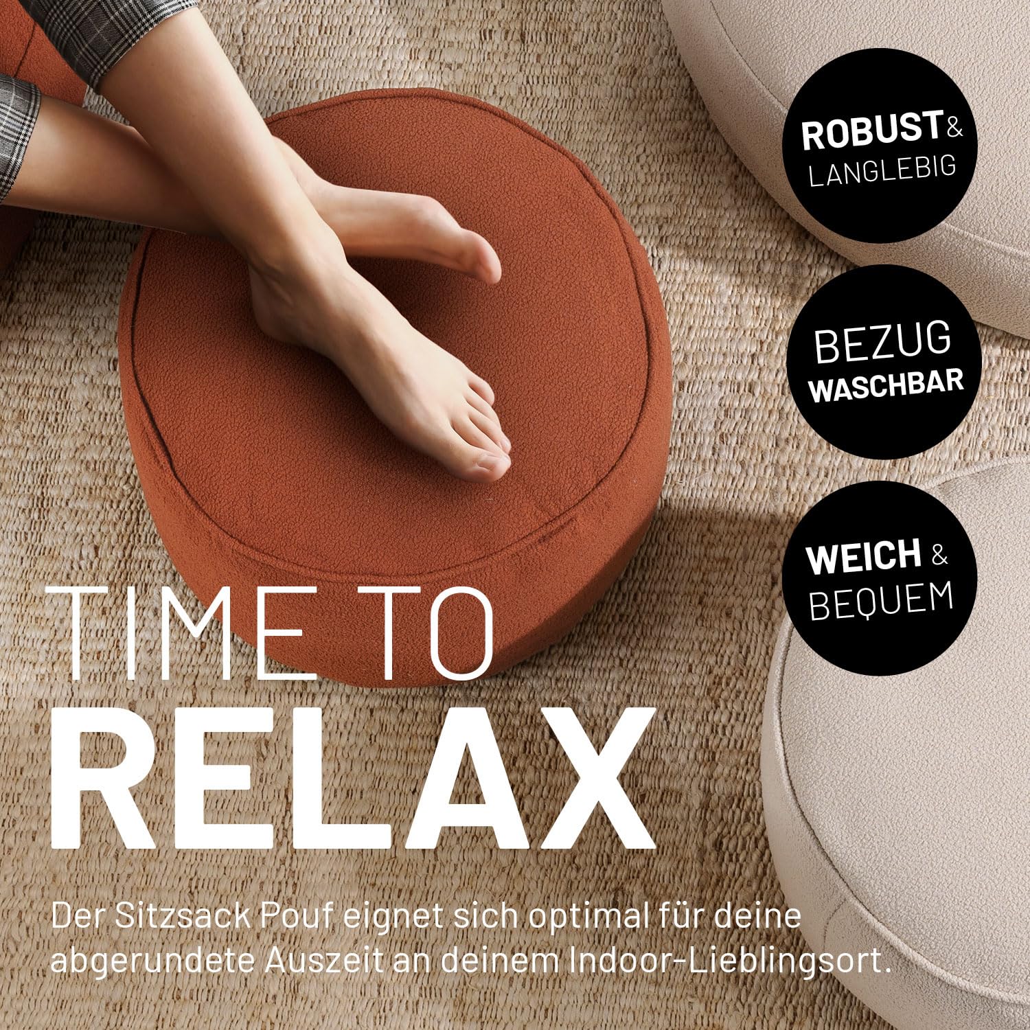 Lumaland Teddy Pouf Pouf, Sgabello Interno con Imbottitura, Poltrona Compatta con Perle in EPS, 3 in 1: Pouf, Tavolino e Poggiapiedi, Borsa per il Bean Bag, Piccolo e Soffice, Ø 25 x 45 cm, Terracotta