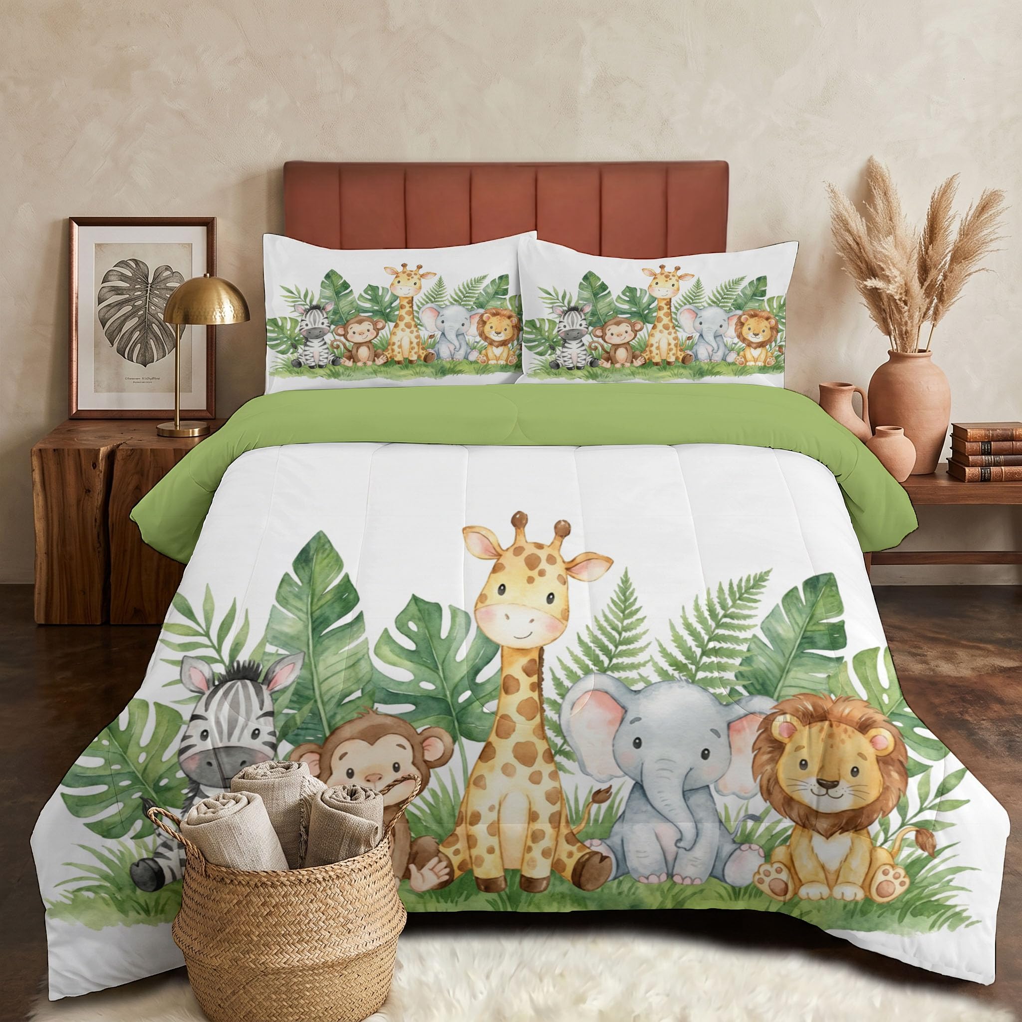 Piumone 2-In-1 Letto Matrimoniale 240X220 Cm Foresta Degli Animali Ad Acquerello | Trapunta E Piumino Reversibile 4 Stagioni, Giraffa Carina Leone, Copriletto Lavabile Morbido Leggero, Verde Salvia