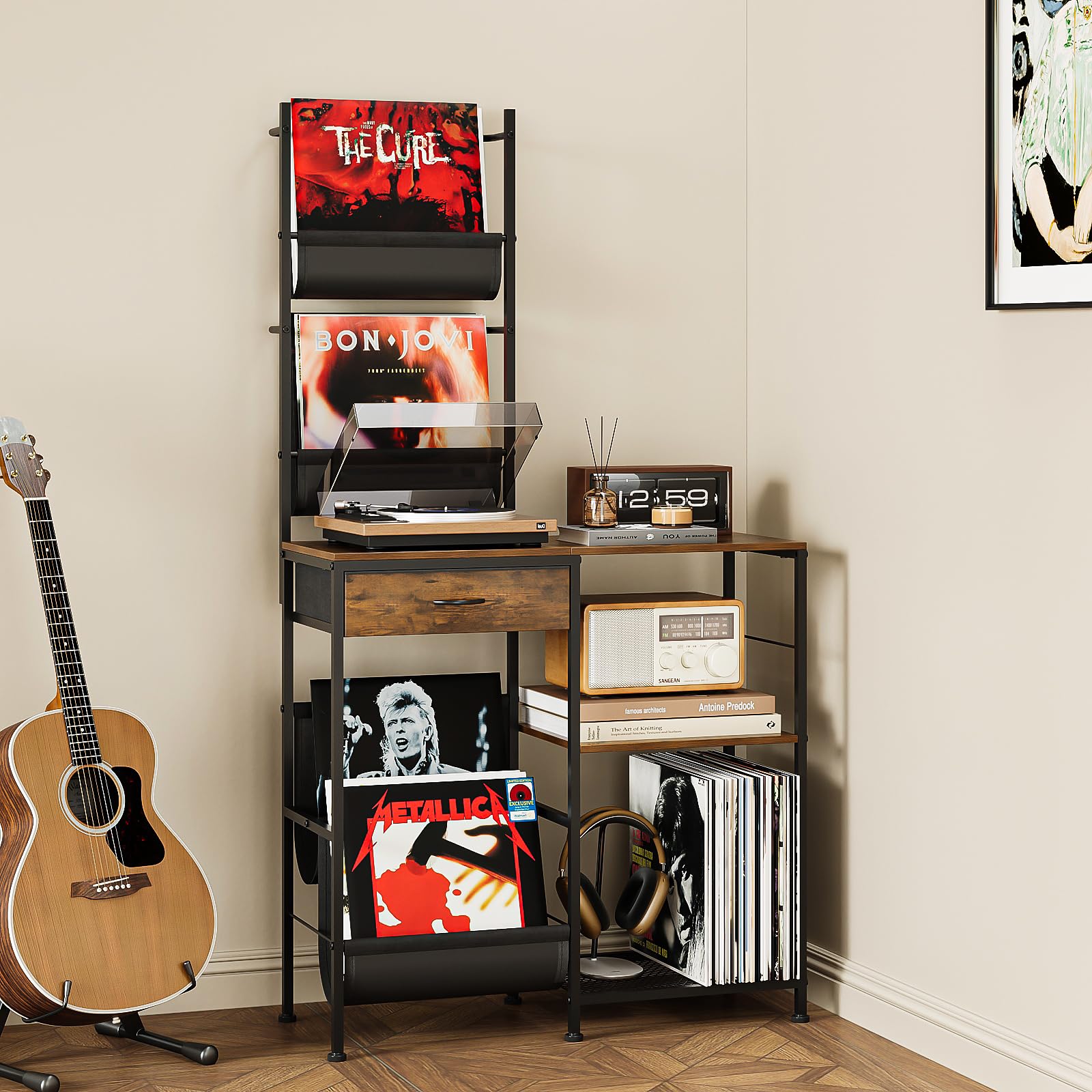 VEDECASA Scaffale per dischi in vinile con 1 cassetto e 3 ripiani, mensola vintage in legno e metallo per fino a 150 dischi in vinile, supporto LP con ripiano per giradischi, tavolino laterale per
