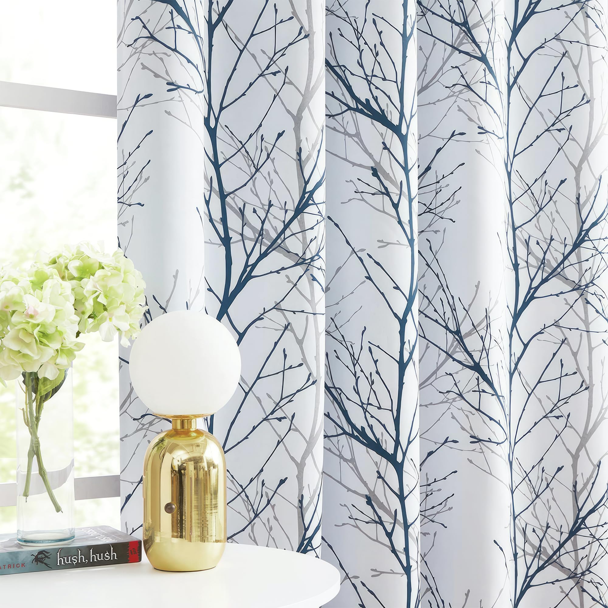 FMFUNCTEX Cortinas 100% Opacas Para Dormitorio, Sala De Estar, Cortinas Modernas Con Patrón De Ramas De árbol Azul Y Blanco, Paneles De Ventana Extralargas Con Aislamiento Térmico Y Ojales En La