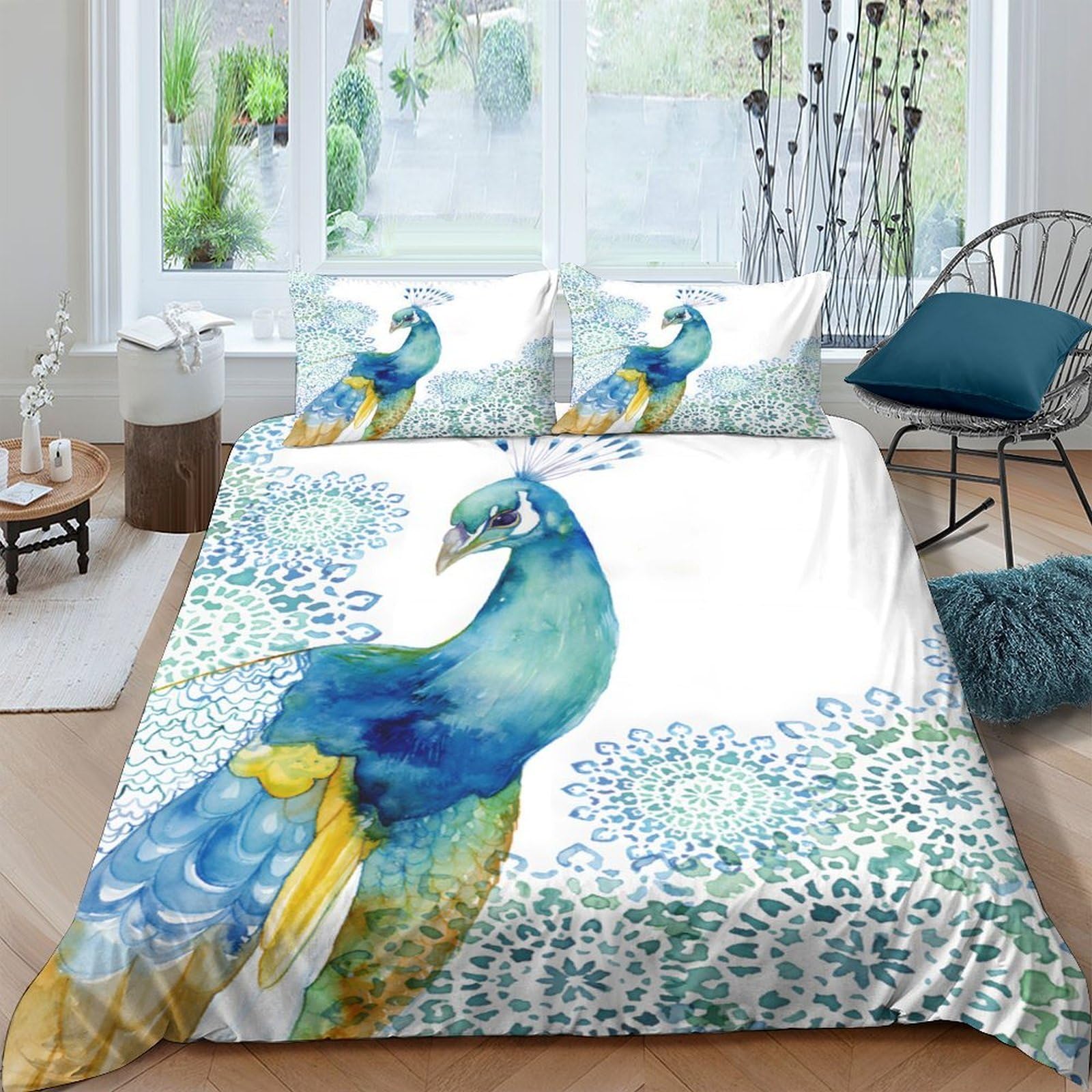 Ctjqhvkz Style-8 3D Printed Blue Peacock Fitted Sheet Microfiber Soft Floral Mattress Cover For Bedroom Dorm Decorative Dustproof Protection Single（135X200cm）