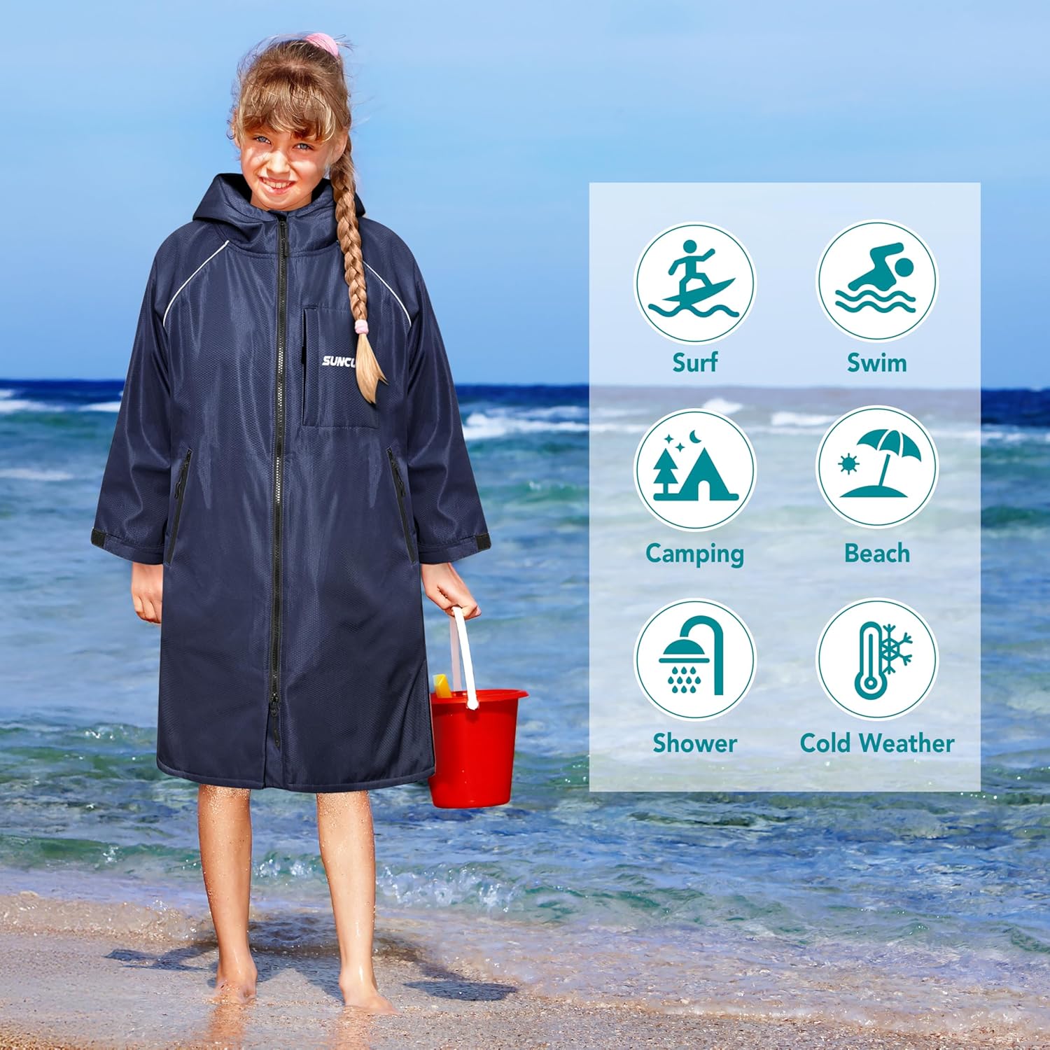 SUN CUBE Swim Parka Boy Girl, Unisex Kids Hooded Changing Robe with Warm Fleece Lining for Swimming, Surfing, Water Sports - Image 6