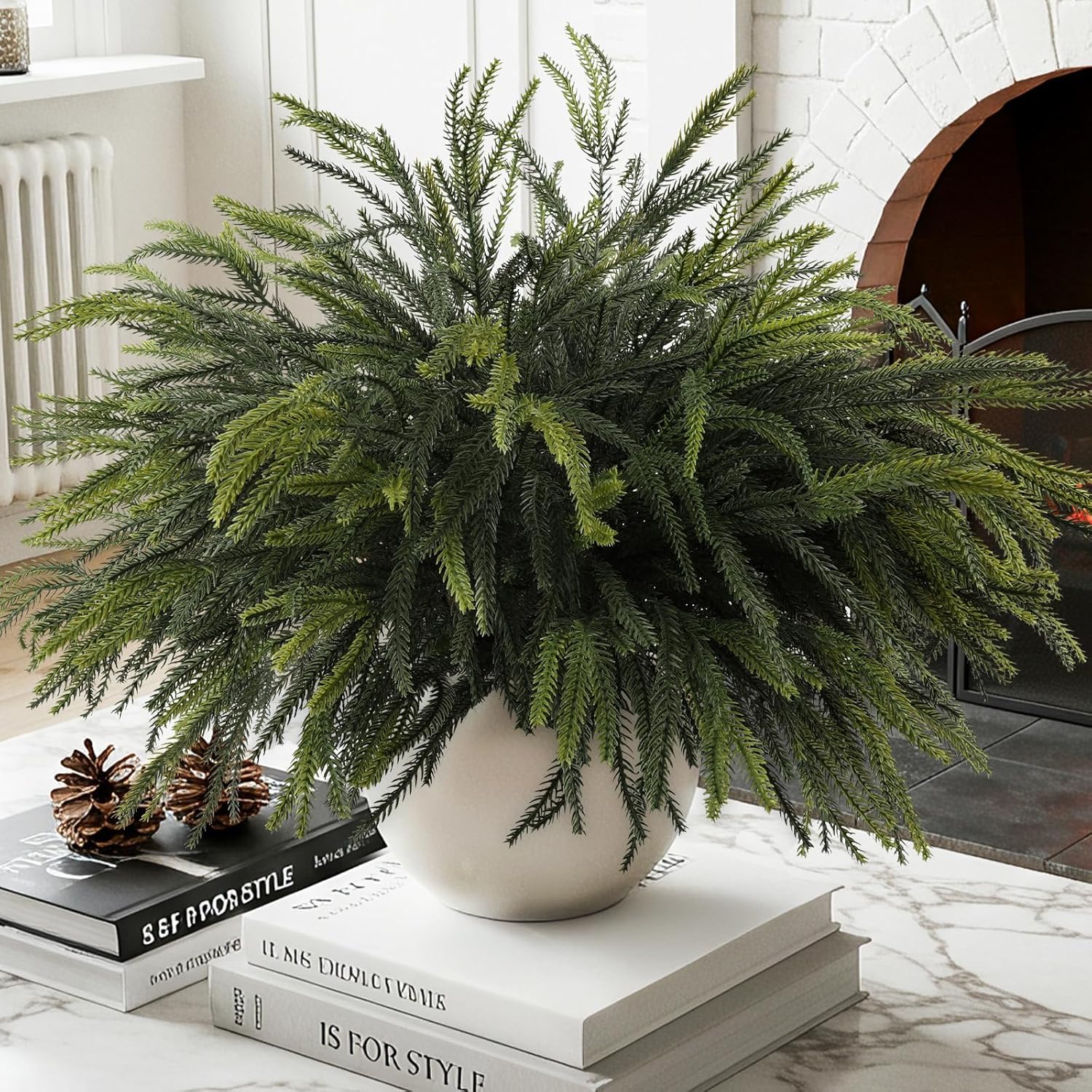 12pcs christmas norfolk pine stems, 24'' long artificial evergreen norfolk pine branches, real touch greenery picks, faux floral branch for mantel diy xmas home decoration indoor christmas decor green norfolk pine stems 12