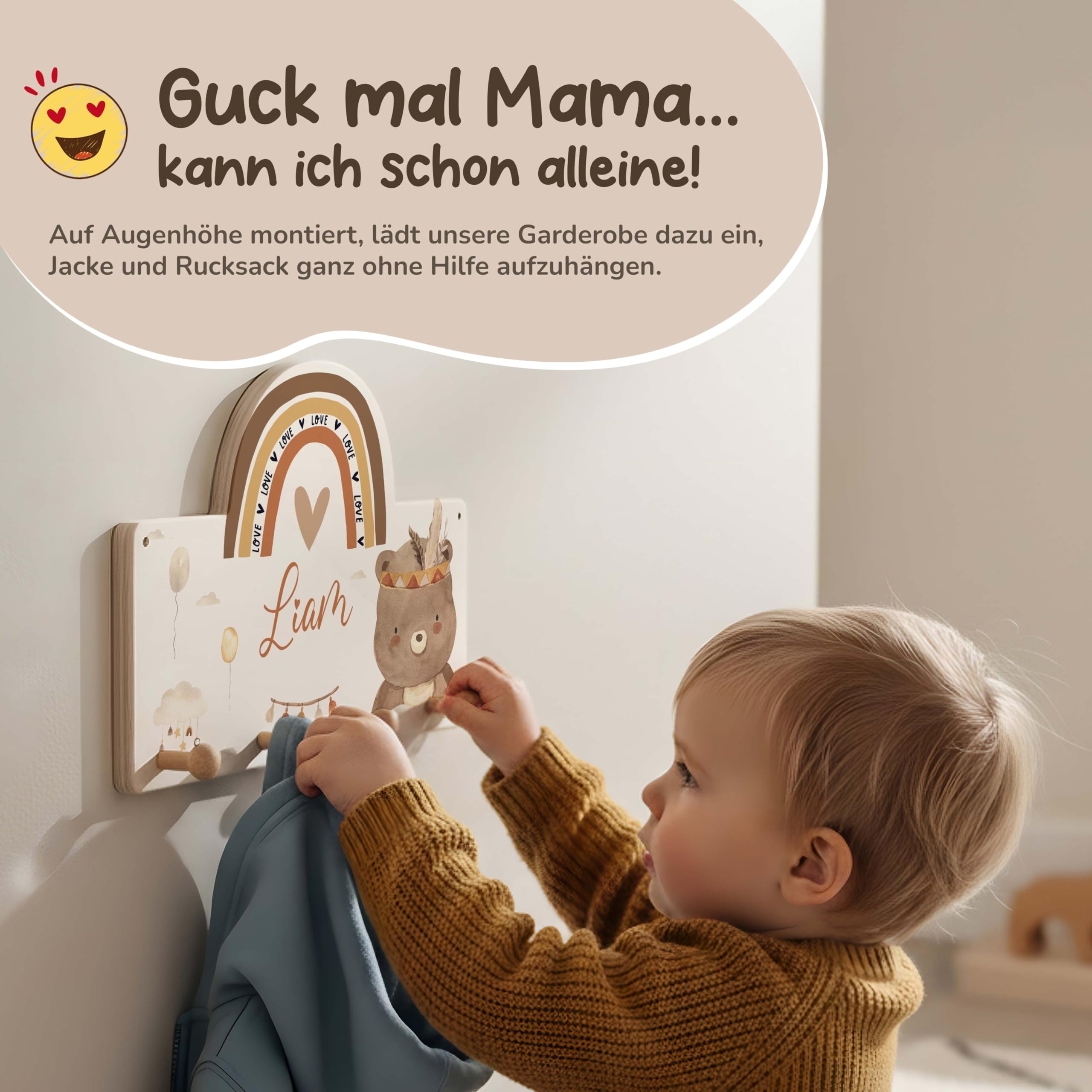 Kidsmood - Kindergarderobe Personalisiert mit Namen - Wandgarderobe mit 4 Hacken aus Holz inkl. Dübel & Schrauben - Garderobe für Baby & Kleinkinderzimmer - Geschenk zur Geburt & Taufe [40x27,5 cm]