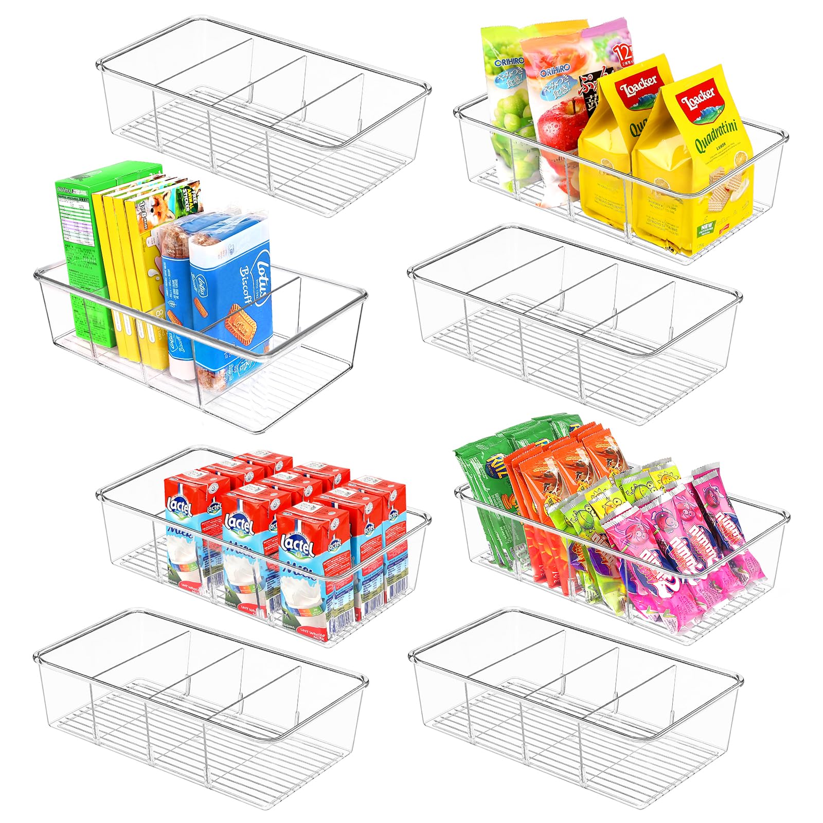 ZIZOTI 8 Pack Food Pantry Organization and Storage Bins,Plastic Clear Removable Snack Organizer Racks w 3 Dividers, Great for Organize Packets, Spices, Pouches Stackable Fridge Kitchen, Cabinets