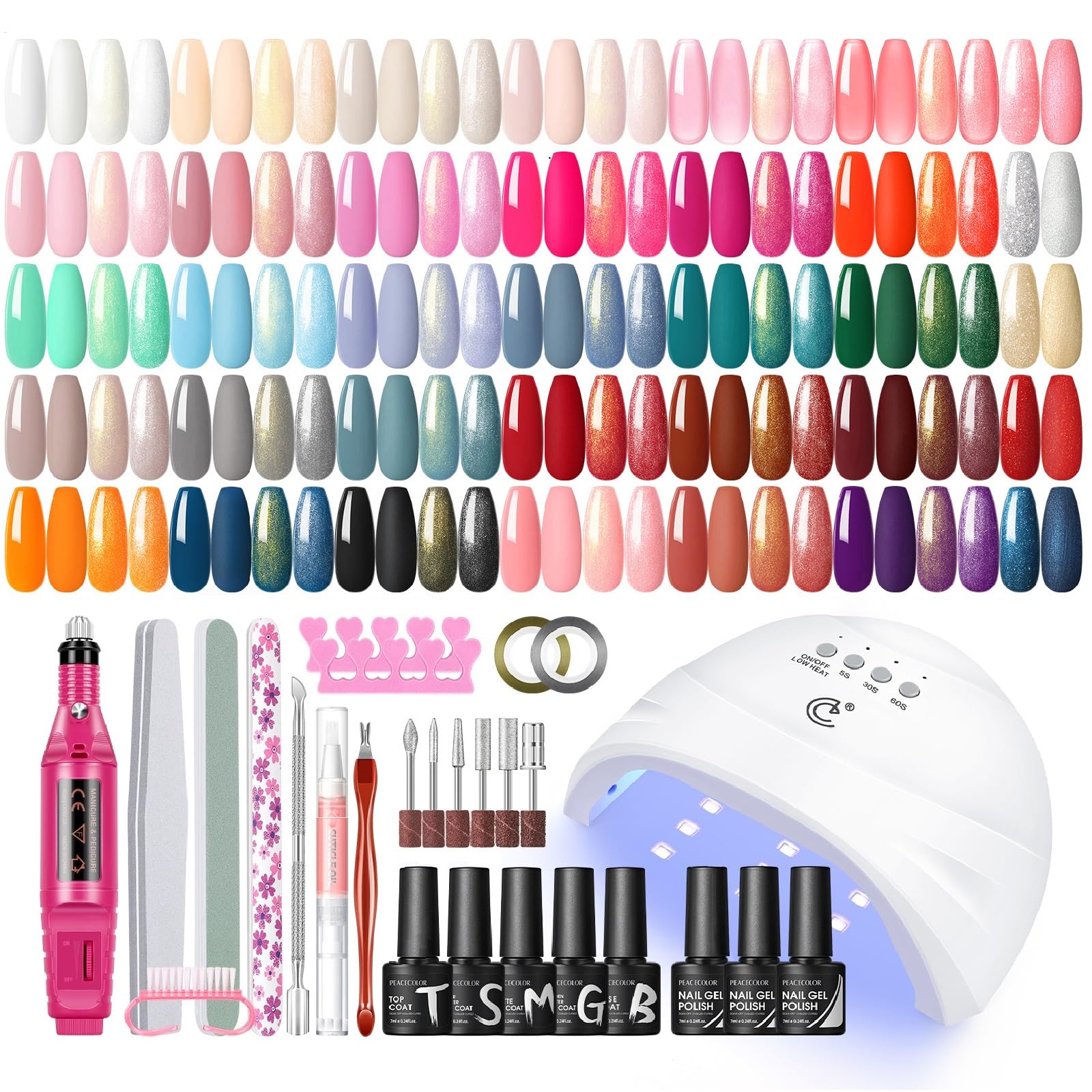 PEACECOLOR 53Pcs Gel Nail Polish Kit with U V Light and Drill 35 Colors Gel Polish Set 5Pcs Glossy/Matte/Glitter Top Base Coat Manicure Tools Nail Kit Gifts for Women DIY Home Salon