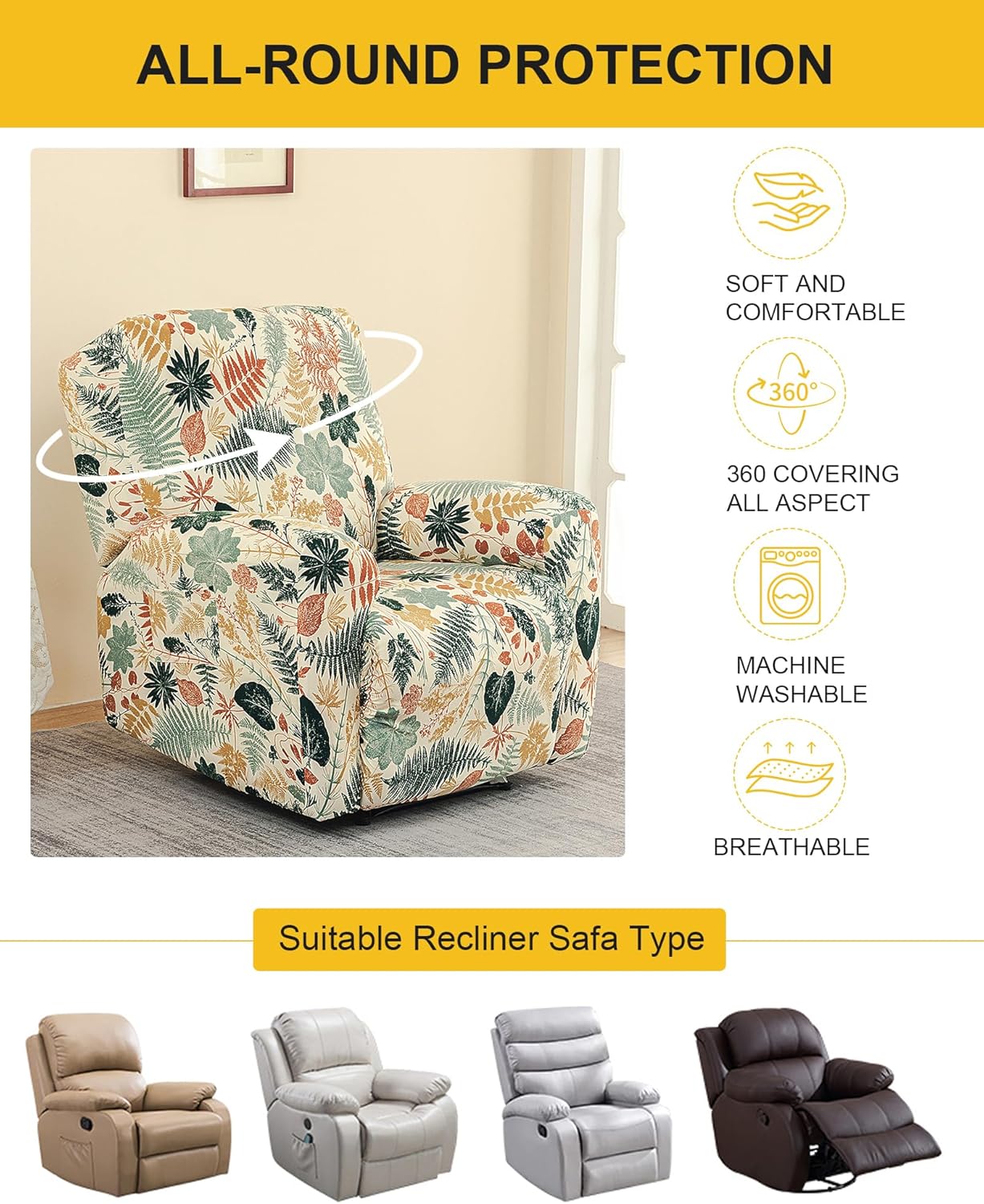 NILUOH Recliner Chair Covers, 4-Pieces Stretch Recliner Cover Soft Pattern Reclining Chair Slipcover That Stay in Place Washable Furniture Protector for Lazy Boy Recliner