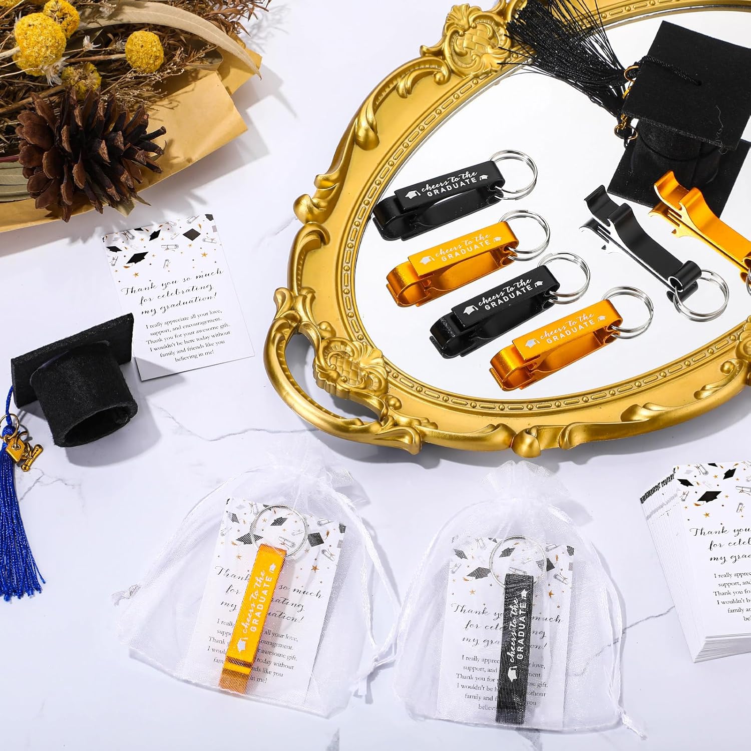 Maxcheck 50 Sets Graduation Party Favors for Guests Class of 2026 Graduation Gifts Bulk Personalized Bottle Opener Aluminum Keychain with Thank You Card Organza Bag for Party Decoration(Gold,Black)
