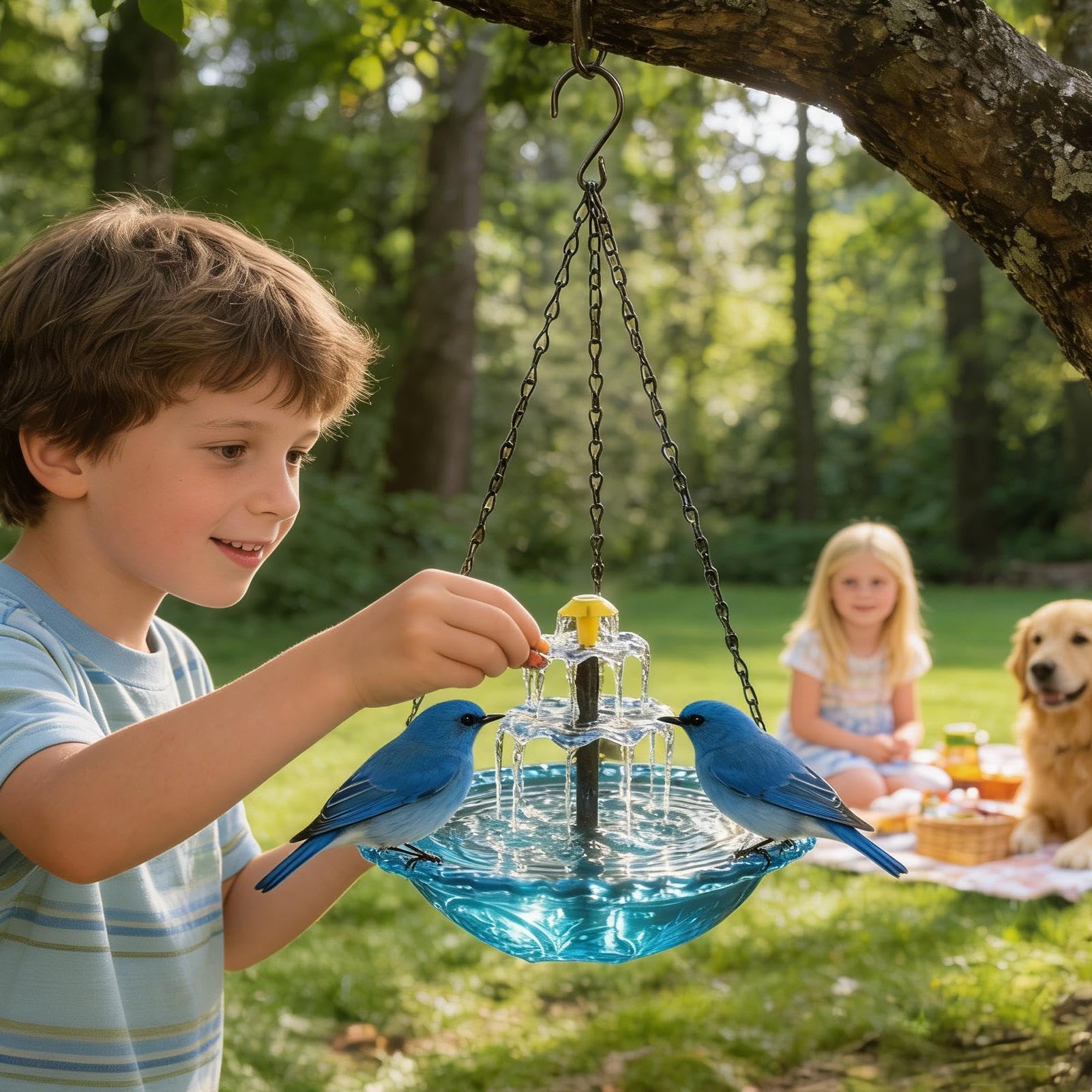 Bebedero para Pájaros Solar Colgante con Fuente – Baño de Cascada 2 en 1 para Jardín y Balcón | Funciona con Energía Solar y Resistente al Clima | Incluye Cadena