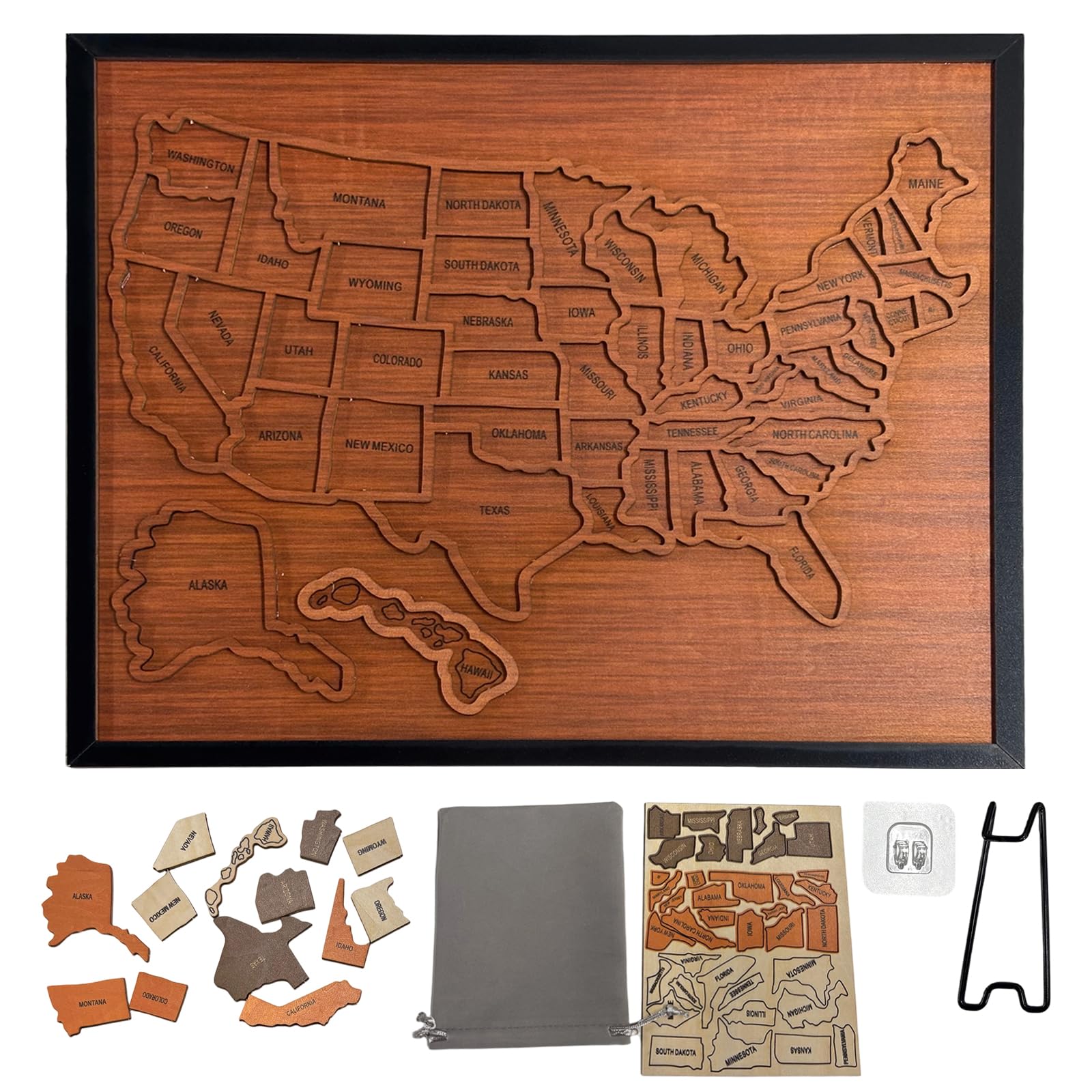 Wooden USA Travel Map Puzzle,12 X 10Inch USA 50 States Interactive Map Puzzle with Elements Sticker & Pins Jigsaw Detachable for Home Kitchen Office Couples & Families Gift