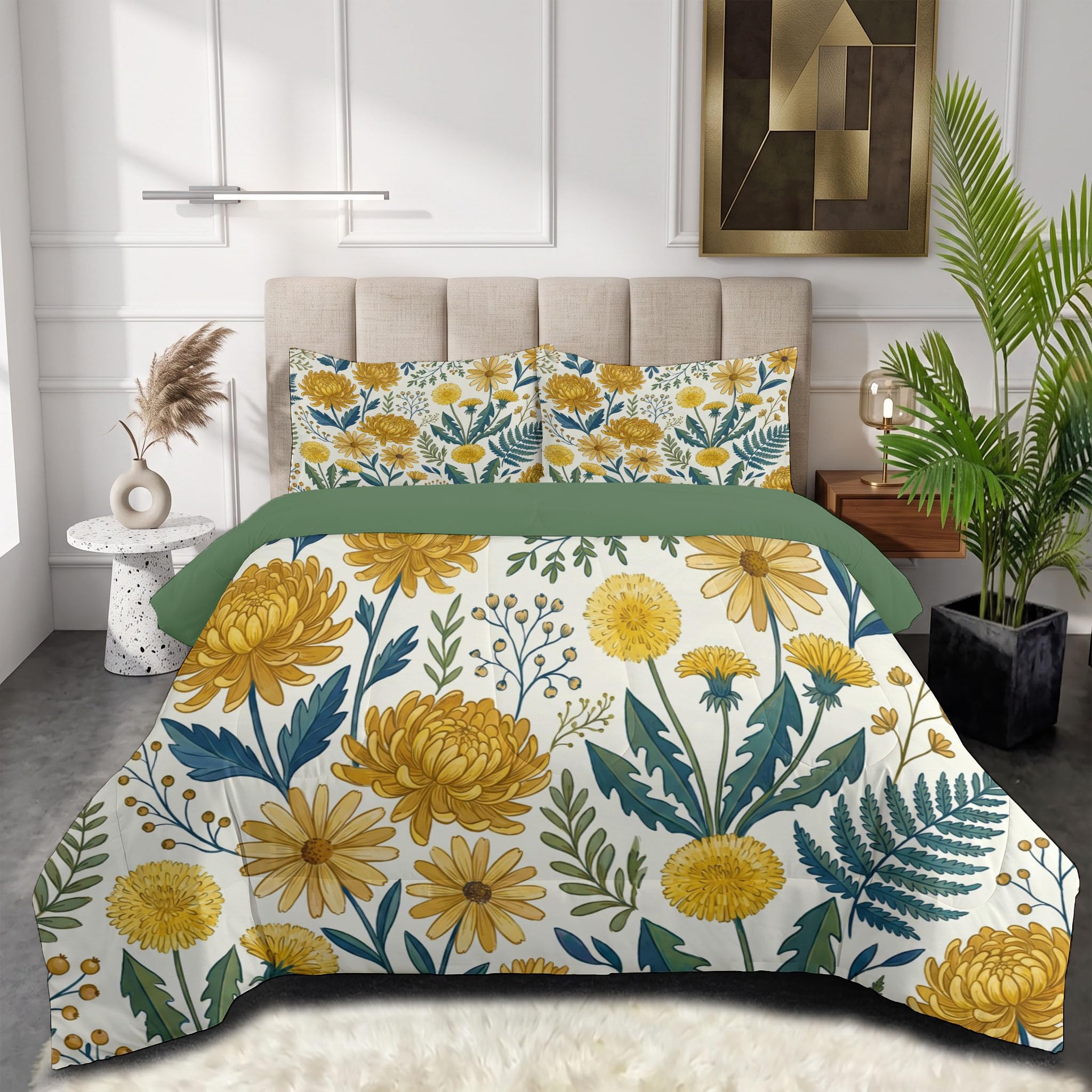 Chrysanthemen Löwenzahn Farne Bettdecke Ohne Bezug 140x200cm | 4 Jahreszeiten Warme & Weiche Bettdecken - Vintage Handbemalte Blumen Steppdecke Ohne Bezug Nutzbar Schlafzimmer Deko Mit 2 Kissenbezug