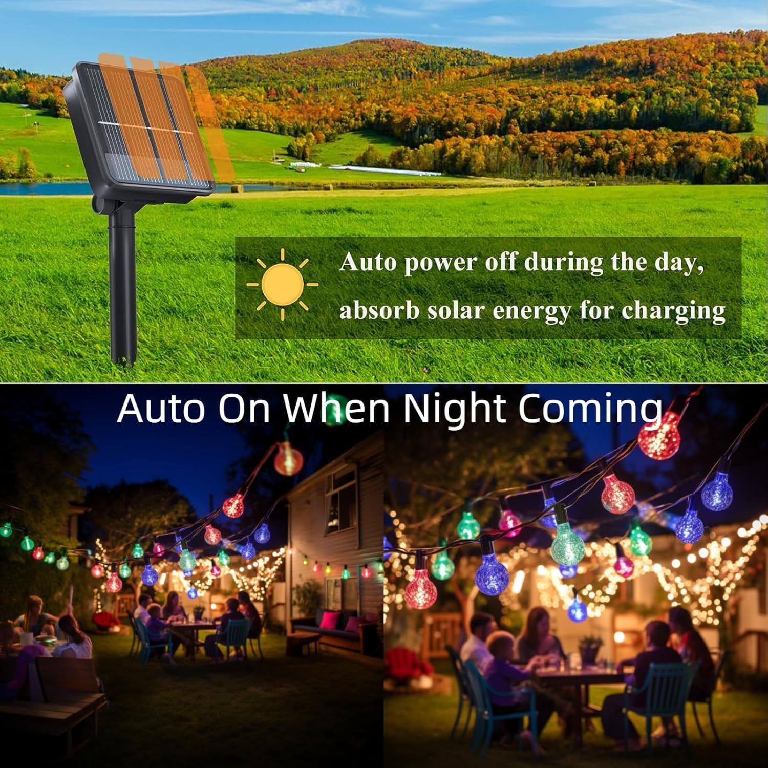 Guirnalda de luces solares para exteriores, 100 luces LED de globo de cristal de 40 pies con 8 modos de iluminación, luz solar impermeable para patio, jardín, porche, boda, fiesta, decoración