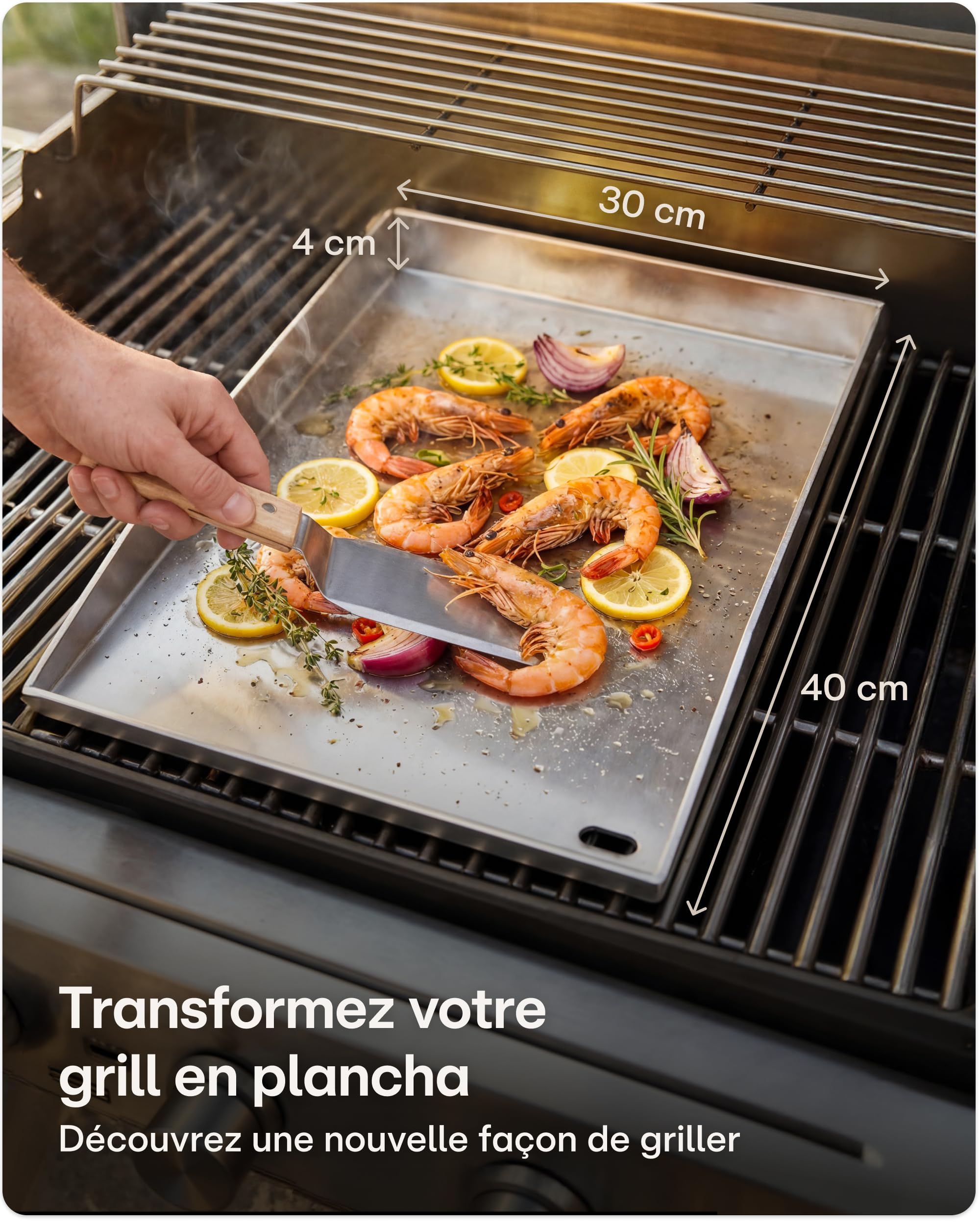 Praknu Plaque Plancha Barbecue Gaz (30x40 cm) – Avec Évacuation de Graisse – 2 Spatules Incluses – Plaque pour Barbecue Gaz & Charbon – Plancha Acier Facile à Nettoyer