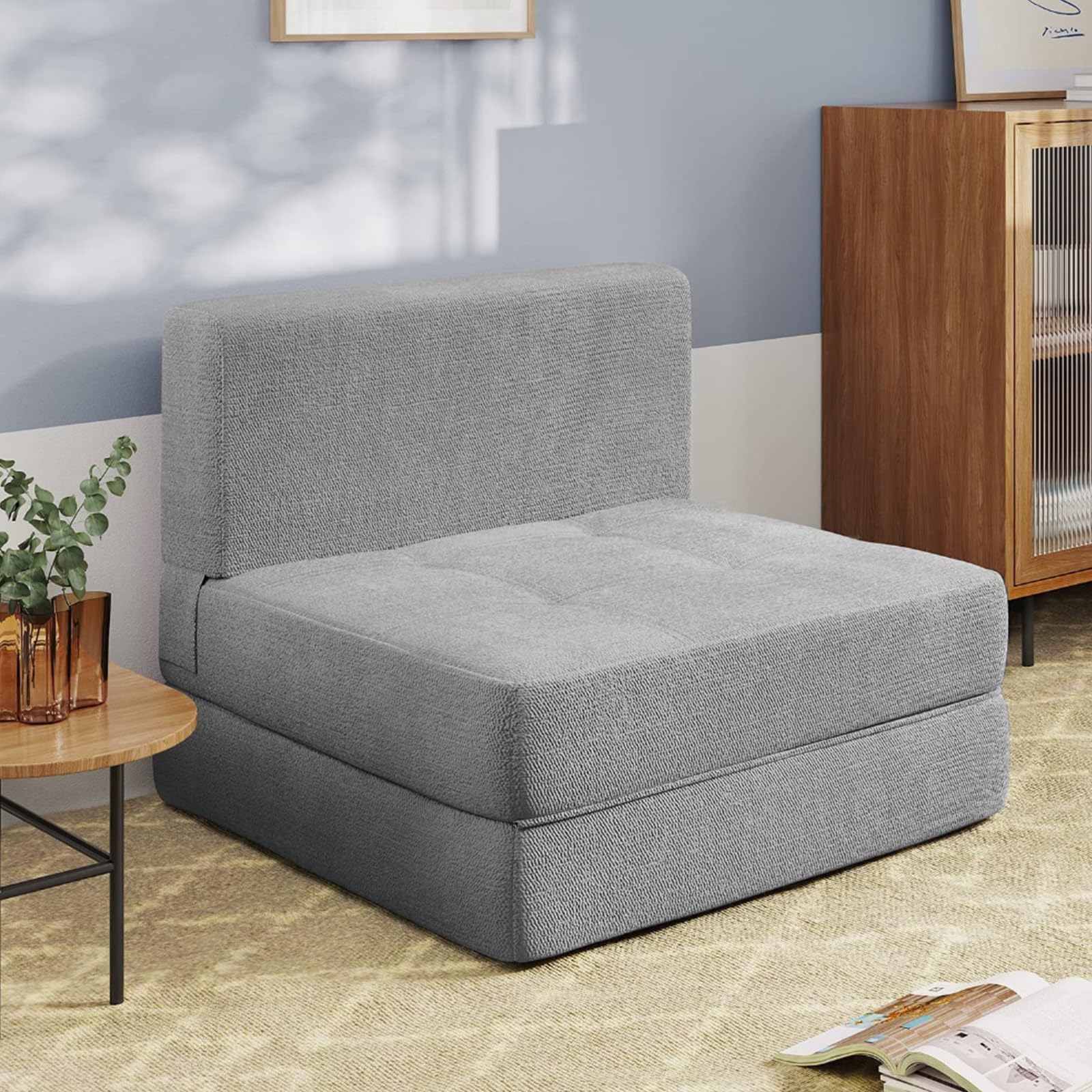 Silla cama BRAGUE con funda extraíble lavable y tapizado gris claro de alta resistencia textil