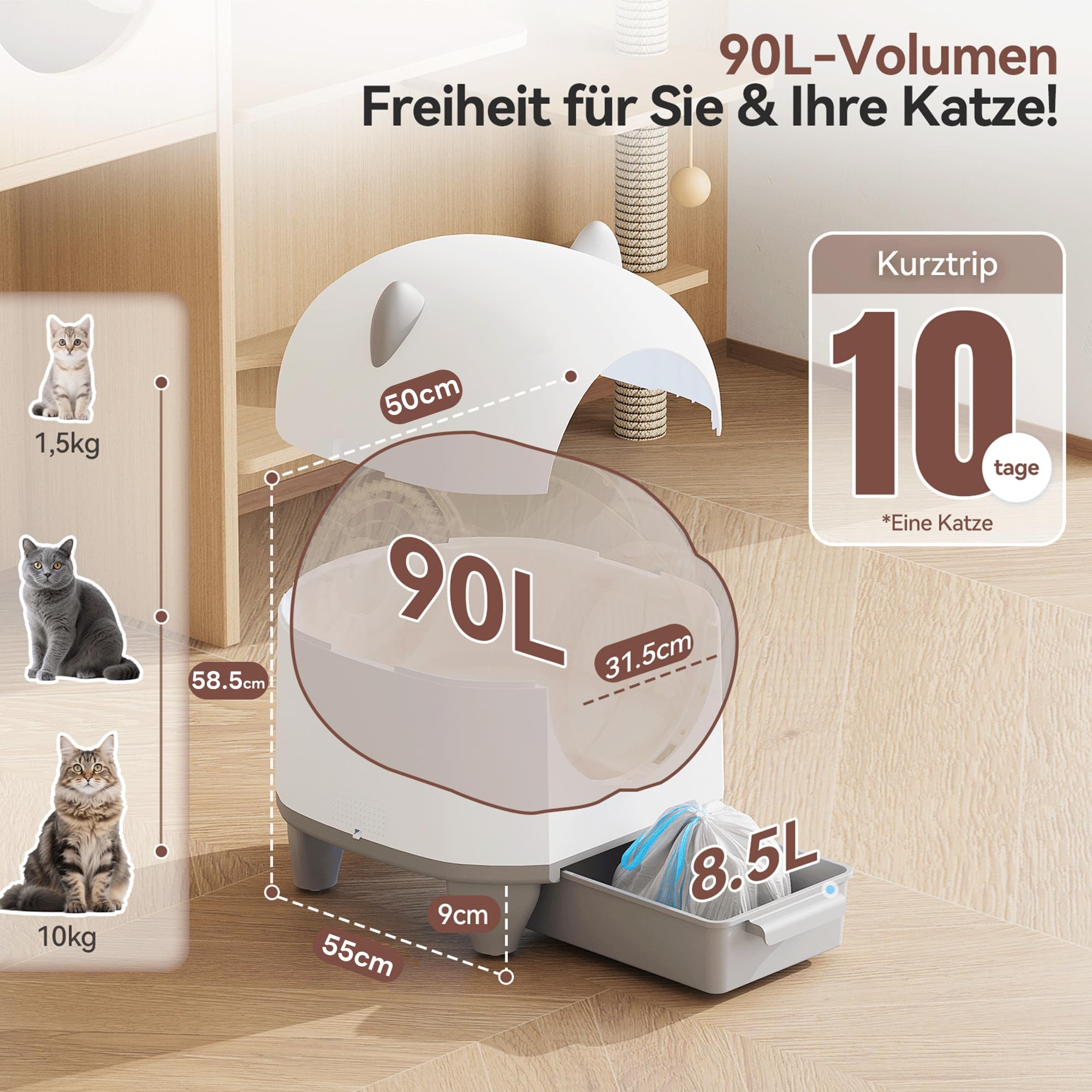 Devoko Katzenklo Selbstreinigend,Niedliche Katzenohren,Automatische Katzentoilette XXL,Fernsteuerung,groß Raum,Sicherheit, Anti-Geruch,90L cat Litter Box,Elektrisches katzenklo für Mehrere Katzen
