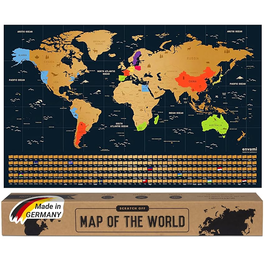 Immagine del prodotto envami® Mappa del Mondo da Grattare - 68 X 43 CM - idee regalo - mappamondo da grattare con bandiere - scratch off map - mappa da grattare - cartina mondo da grattare - oro inglese