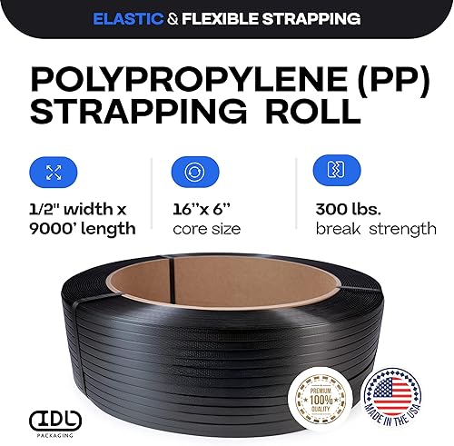 Miniatura 27 de IDL Packaging Bobina de flejado de polipropileno (PP) de 1/2" x 200' (resistencia a la rotura de 300 libras) en caja autodispensada de tablero