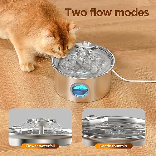 Stainless Steel Cat Water Fountain: 88oz/2.6L Ultra Quiet Pet Fountain with Flower Kitty Spout & LED Blue Light Water Dispenser with Water Level Window for Cats/Dogs Indoor (Silver) - IHOUONE(cat Fountain + 6 Filters & 3 Sponges)