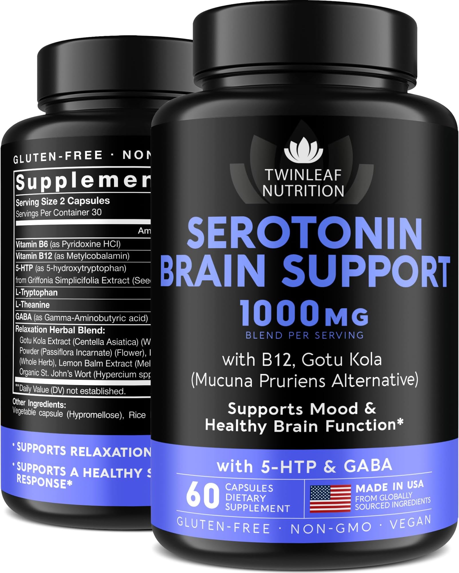 Natural Serotonin Support Supplement - Serotonin & Cortisol Support, 60 pcs | 5-HTP, Vitamin B6 B12, GABA, L Theanine, L Tryptophan Vitamin Supplement for Women - Gotu Kola as Mucuna Pruriens Alternative