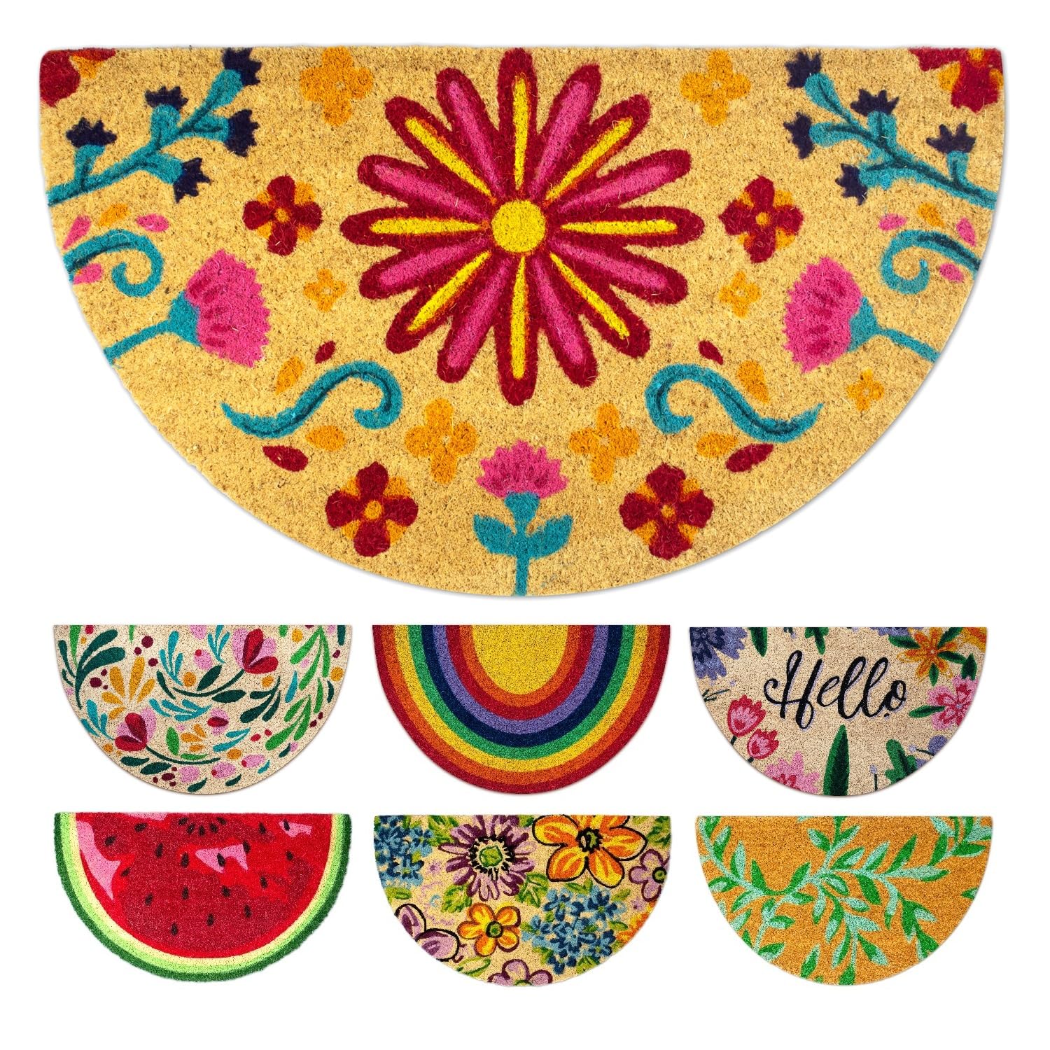 Coir Welcome Mat, Flowery Pattern - Semi Circle, 40x70cm Indoor & Outdoor, Heavy Duty
