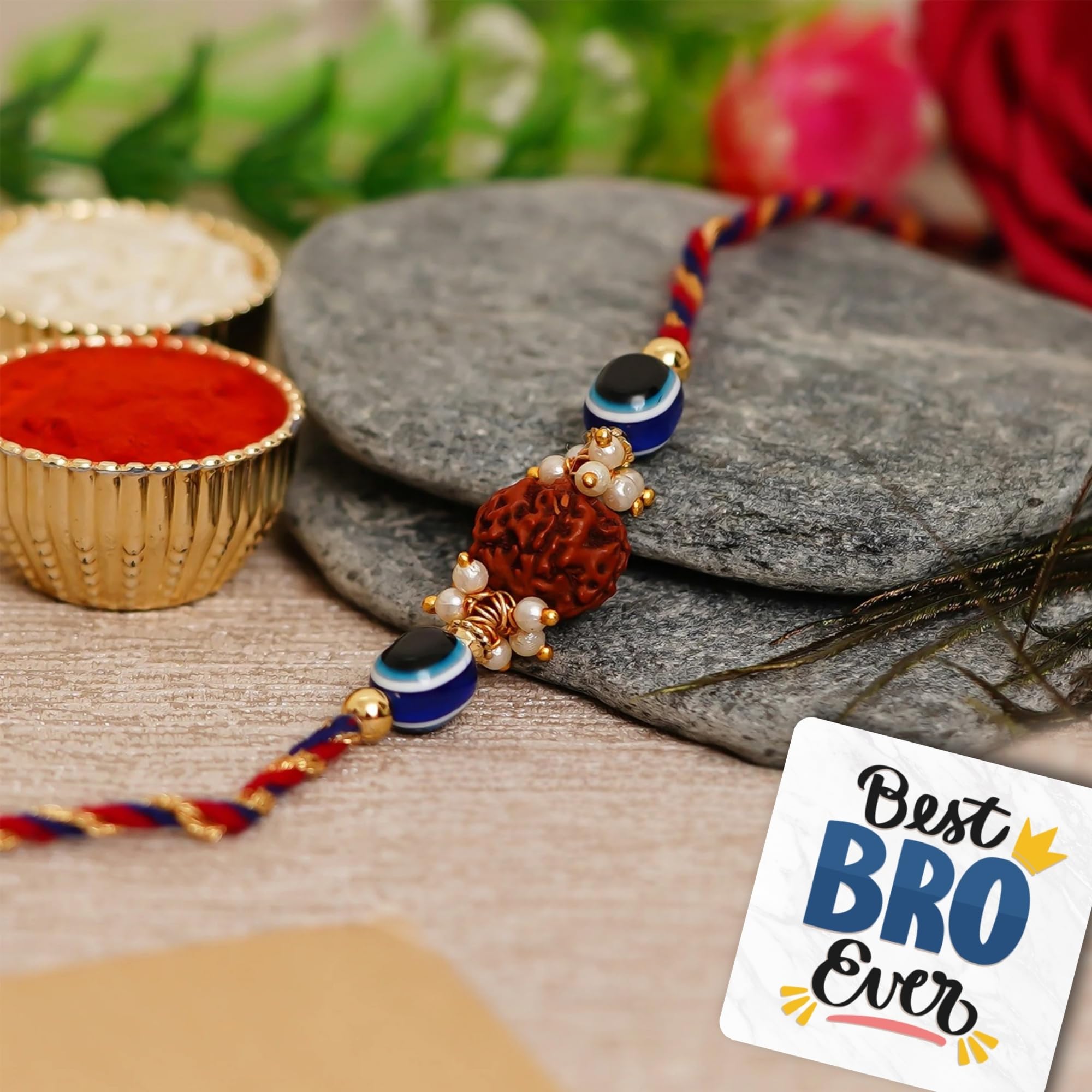 eCraftIndia Evil Eye Rudraksha Rakhi, Best Bro Ever Fridge Magnet with Roli Chawal Pack - Rakhi for Brother, Bhaiya, Bhai-picture-27
