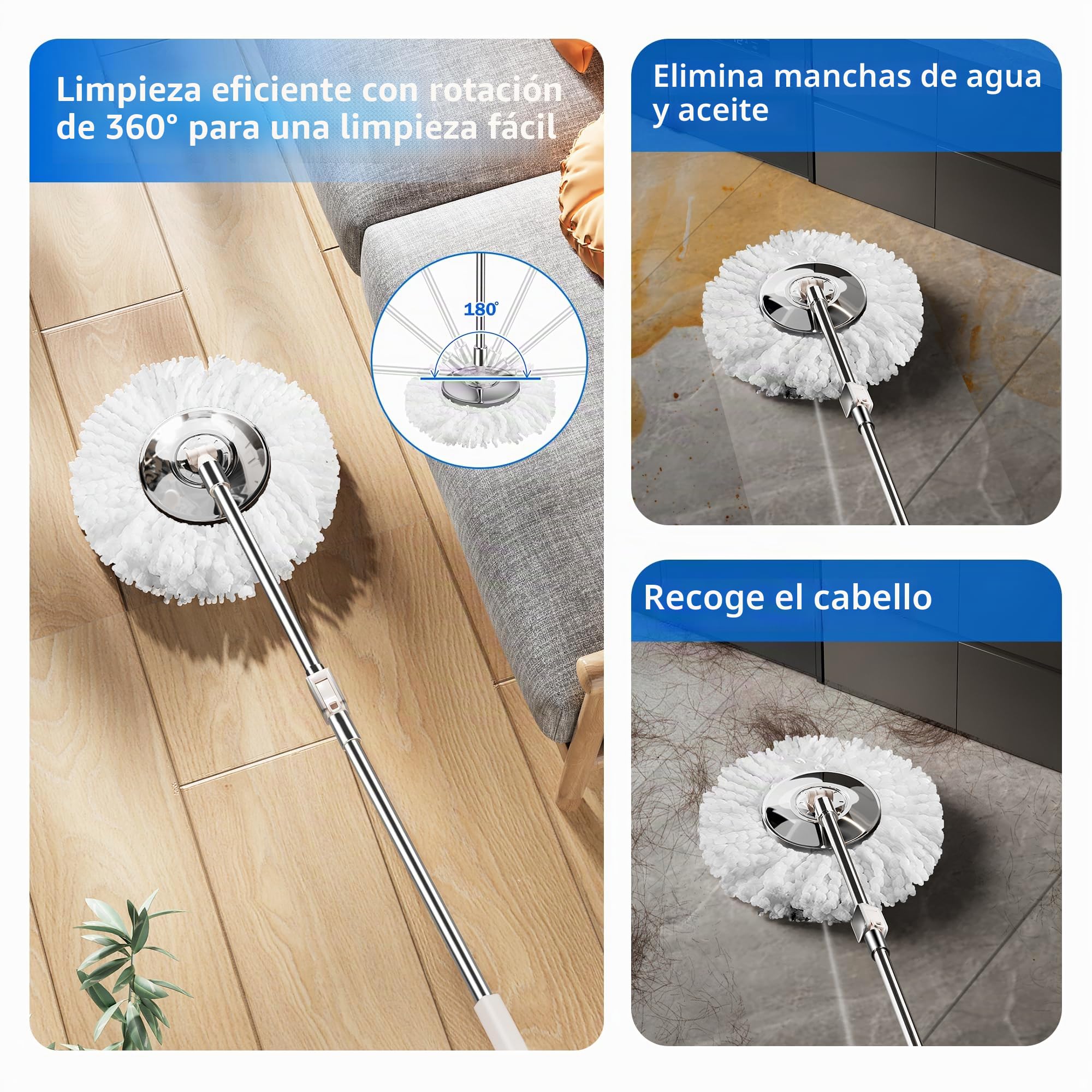 Sistema de Cubo de fregona de Ciclo Giratorio de Acero Inoxidable y Juego de fregona giratoria de 360° para Limpieza de Suelos con 6 Almohadillas de Repuesto de Microfibra, Mango Ajustable de Acero
