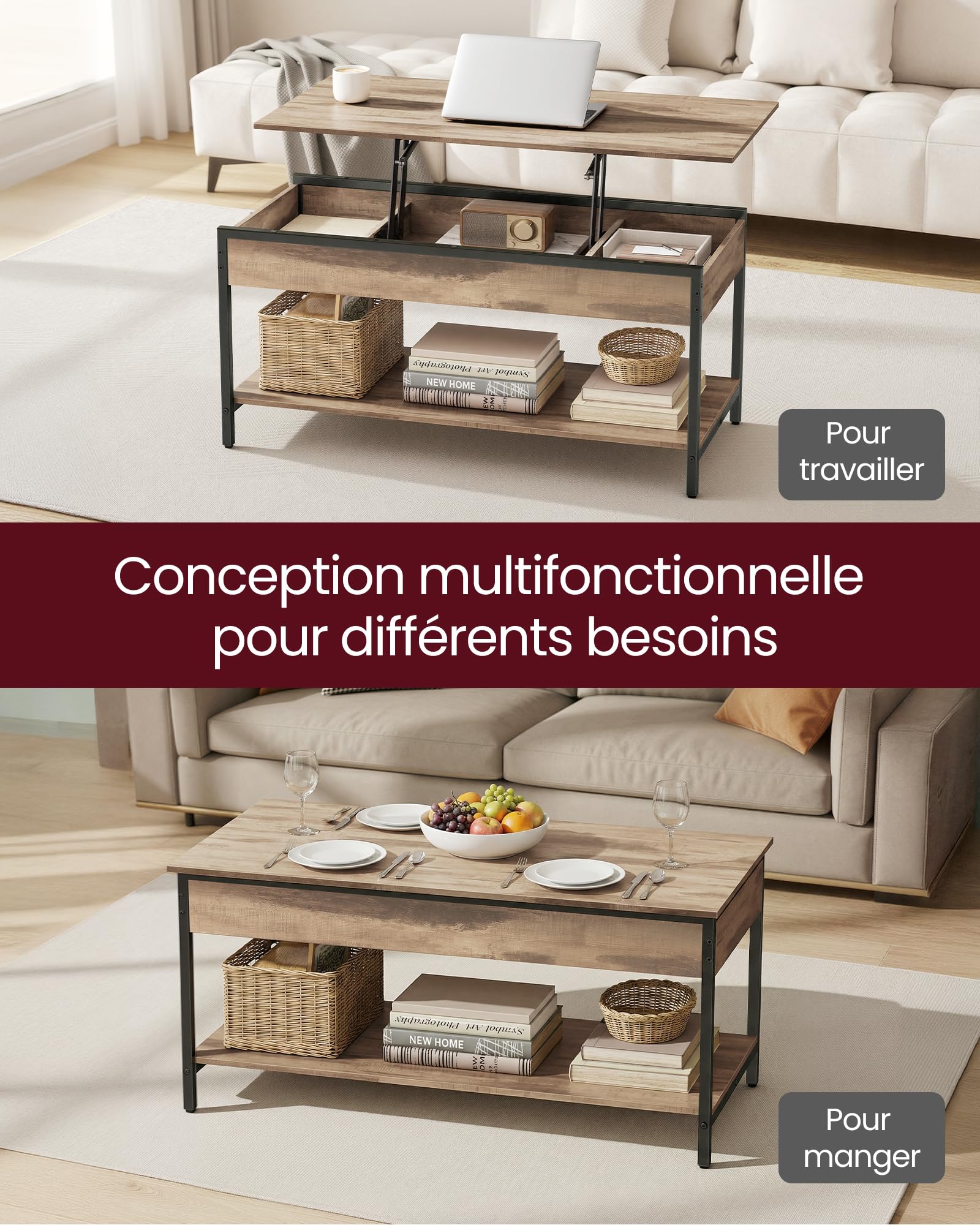 VASAGLE Table Basse Relevable, Table de Salon, avec Rangement Ouvert et Compartiments Cachés, 50 x 100 cm, Marron Camel et Noir d’Encre LCT261LB02